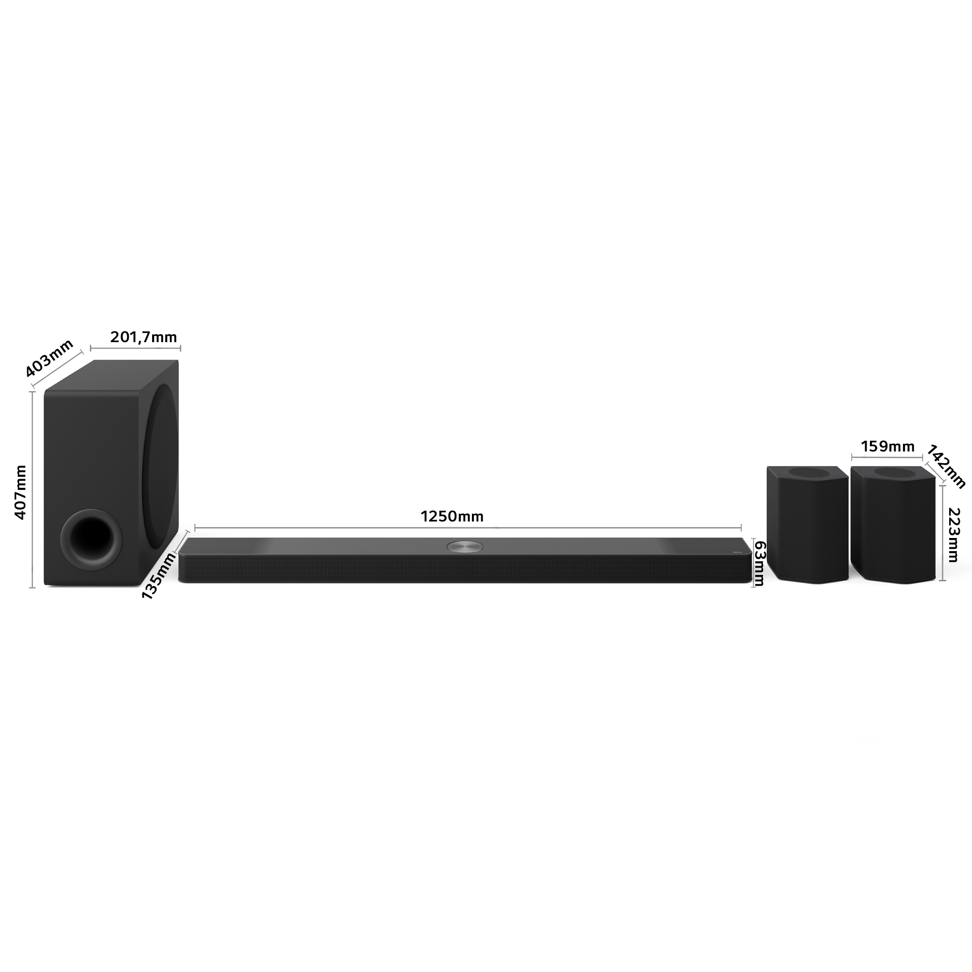 Sistema de sonido envolvente negro con dimensiones en milímetros sobre fondo blanco.