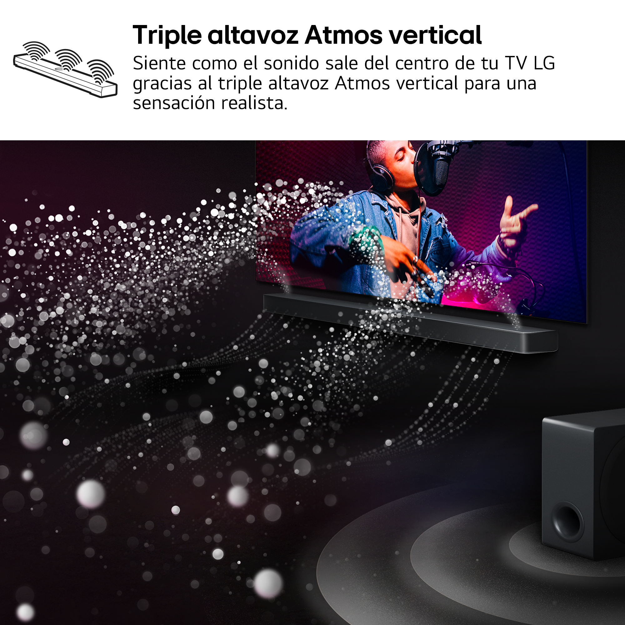 Barra de sonido LG con canales verticales Atmos, mostrando ondas sonoras propagándose desde el televisor y el altavoz.