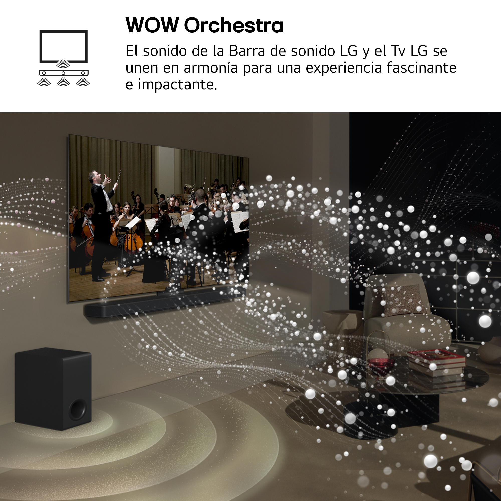 Un televisor y barra de sonido muestran una orquesta, mientras ondas sonoras llenan la sala.