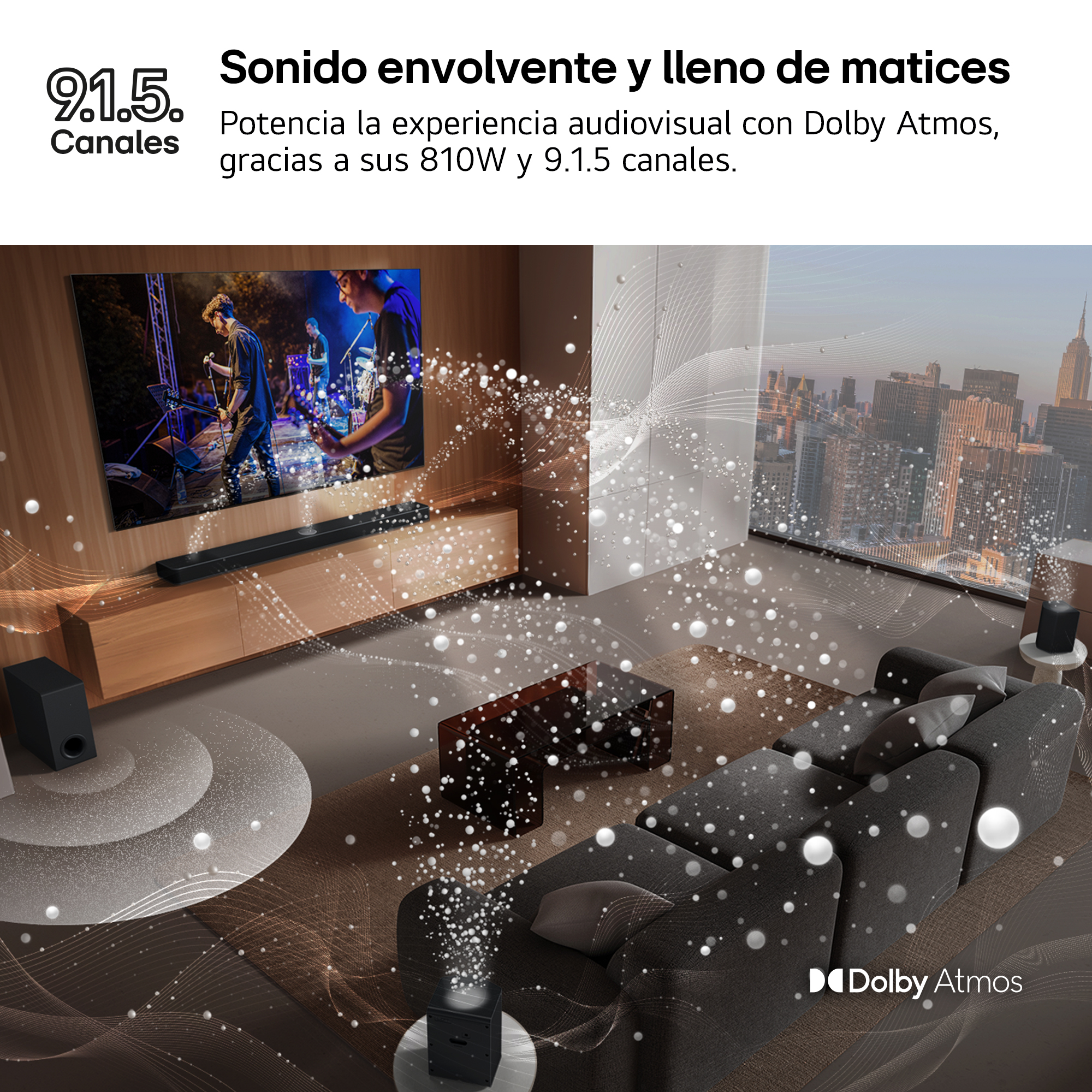 Sala de estar con TV, barra de sonido y ondas de Dolby Atmos fluyendo.