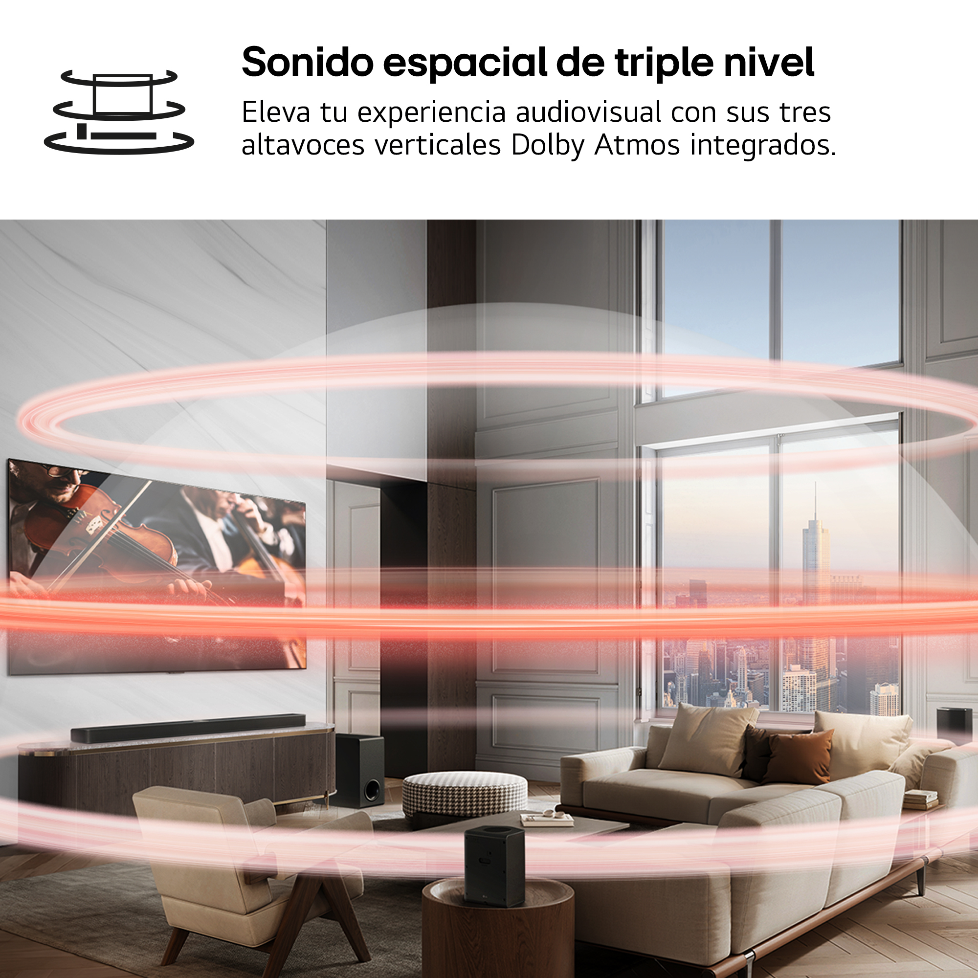Sala con barra de sonido y ondas rojas que indican Dolby Atmos.