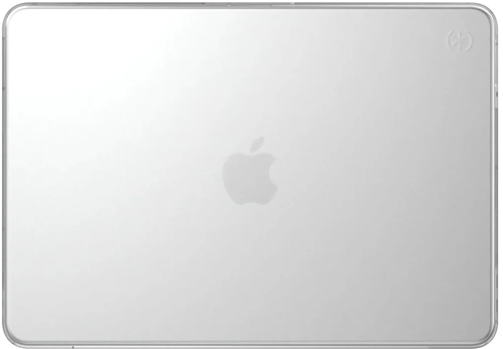 Átlátszó védőtok egy ezüstszínű laptopon, az Apple logóval.