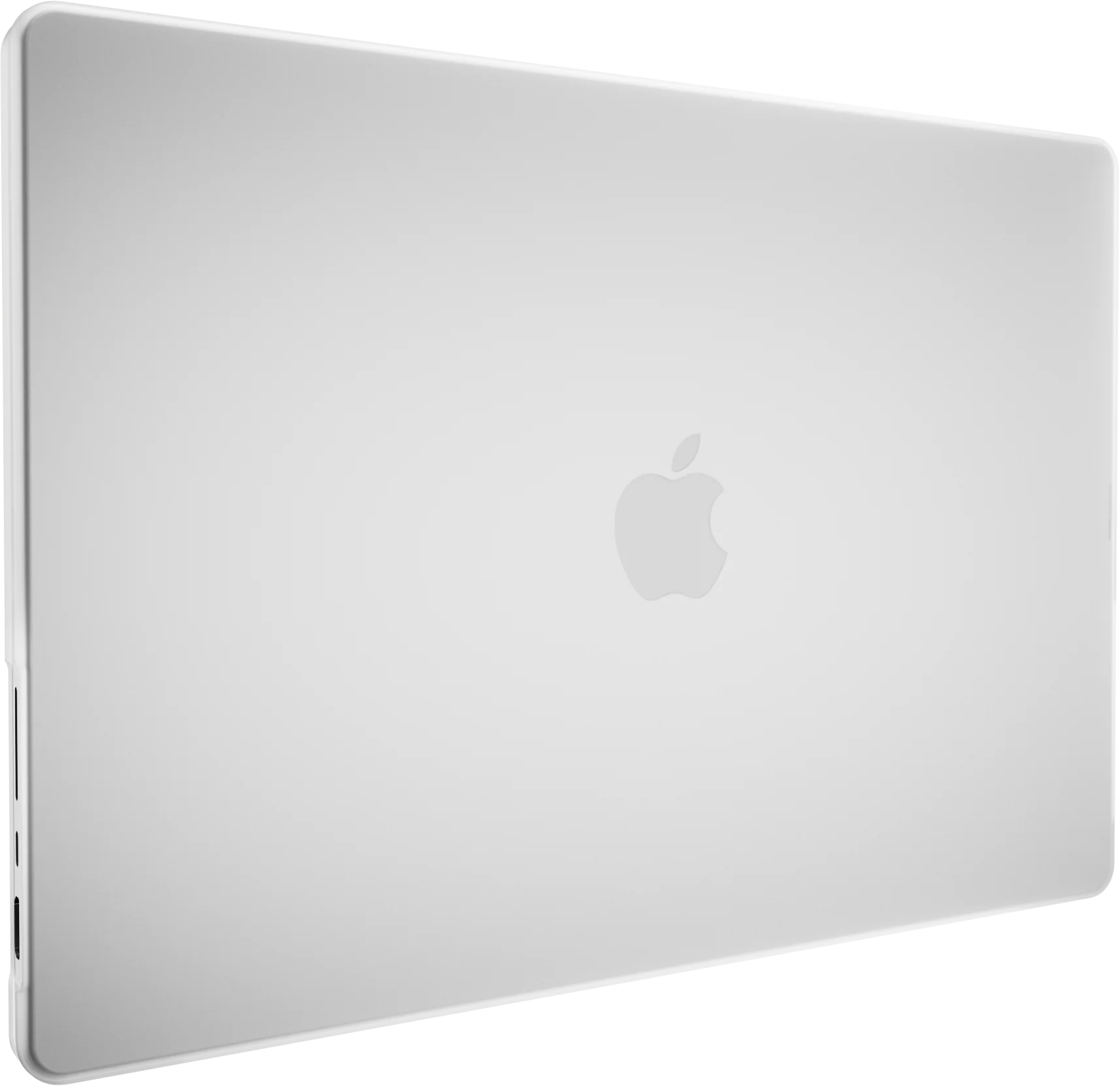 Zárt, ezüstszínű MacBook laptop középen az Apple logóval, fekete háttér előtt.