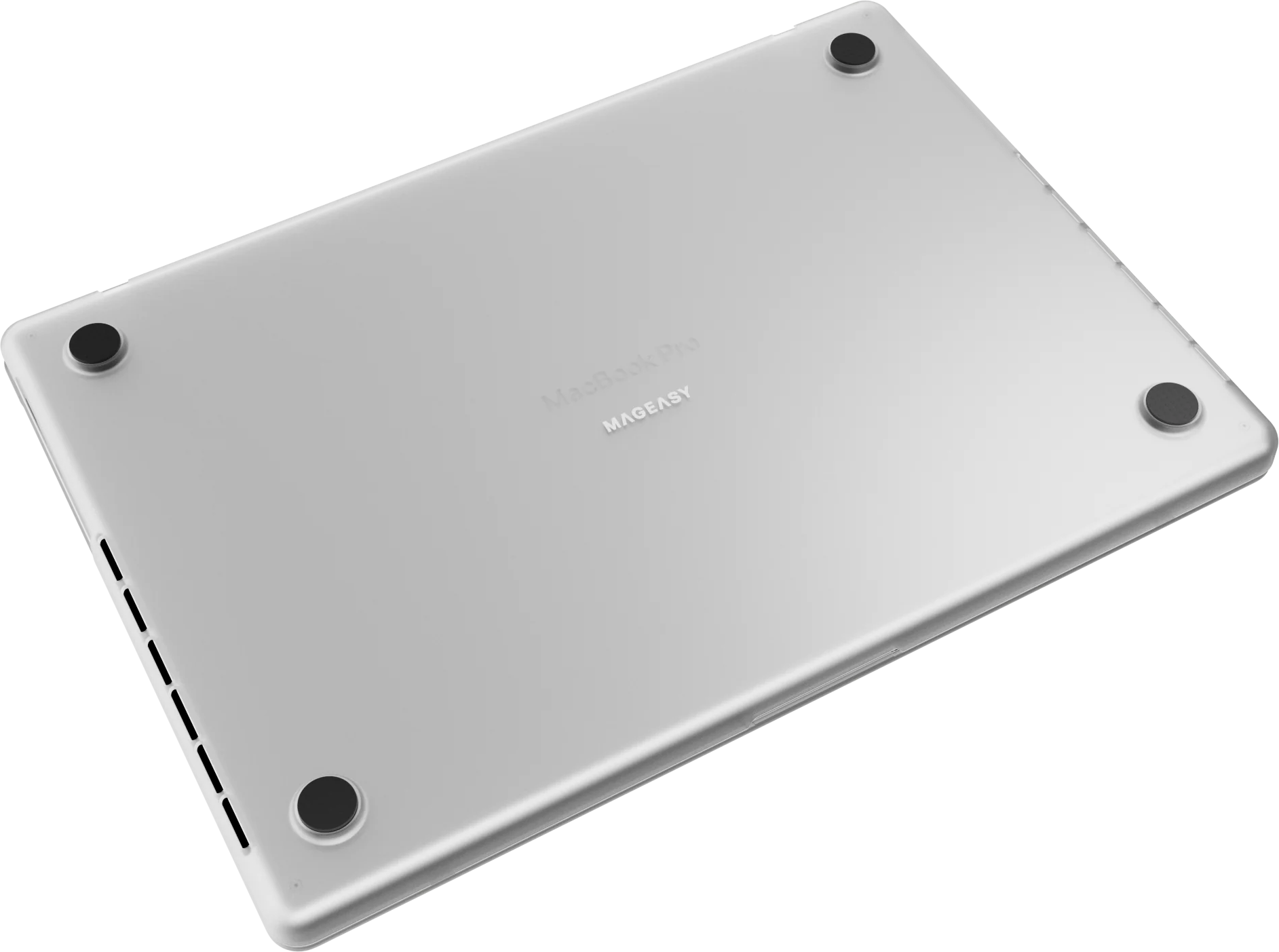 Ezüst színű MacBook Pro alja fekete háttérrel, négy kerek lábbal.