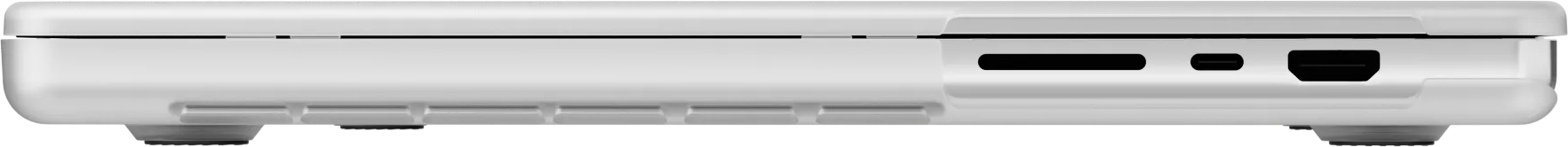 Egy ezüst laptop oldalső nézete, amelyen portok és szellőzőnyílások láthatók sötét háttér előtt.