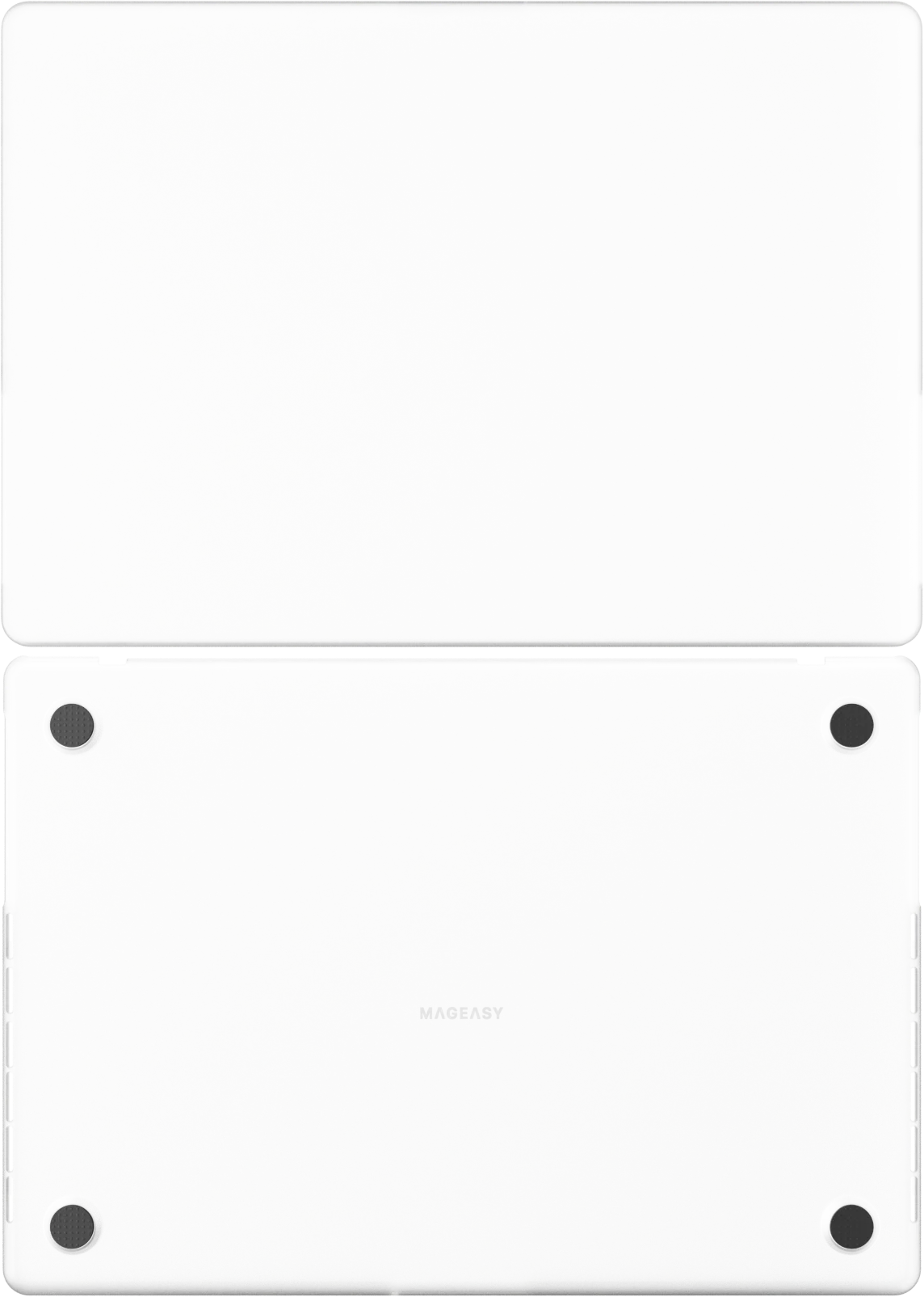 Fekete laptop tok, felül és alul négy lábbal és Mageasy logóval.