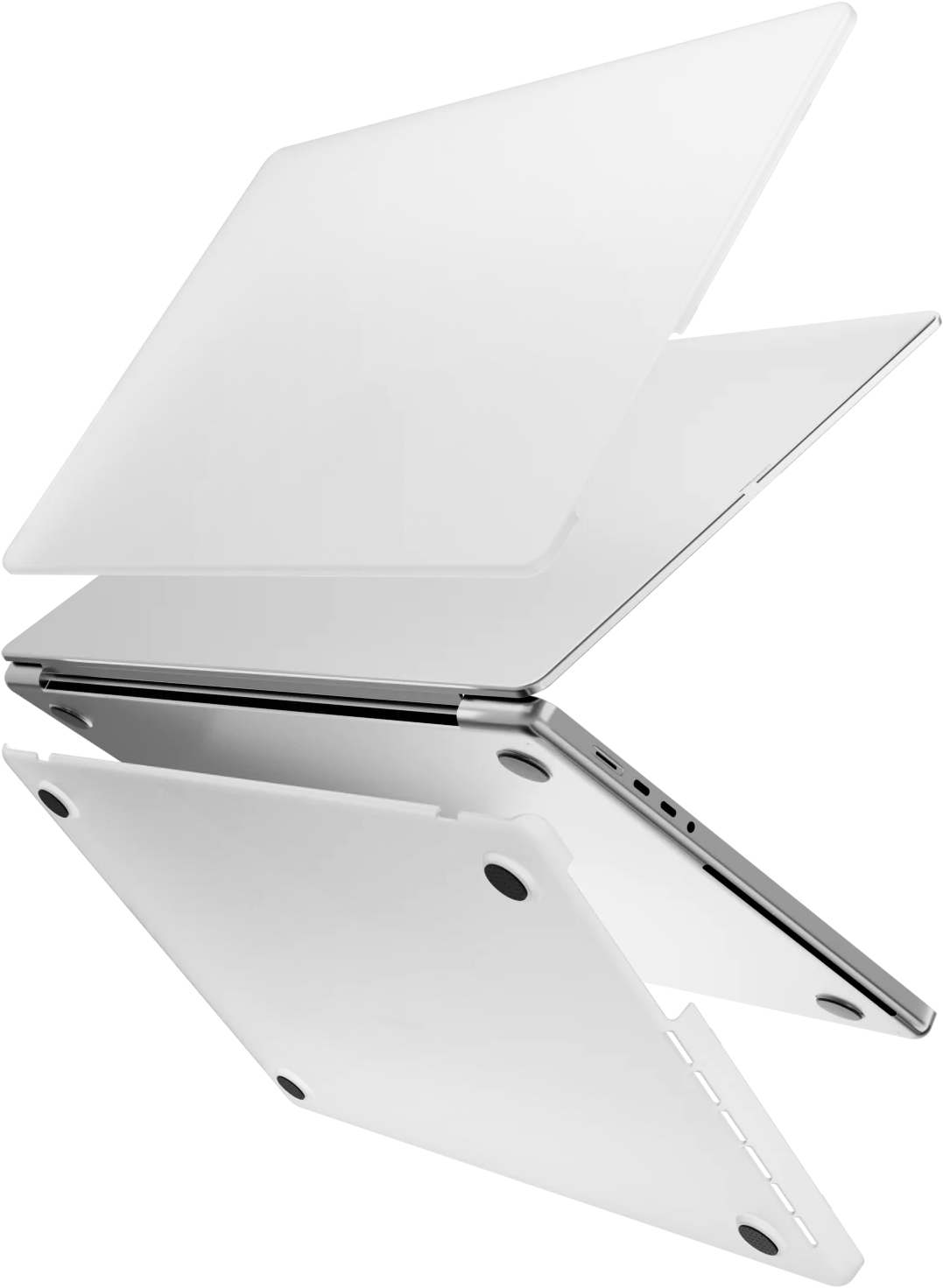 Egy ezüst laptop látható átlátszó védőtokkal, fekete háttér előtt.