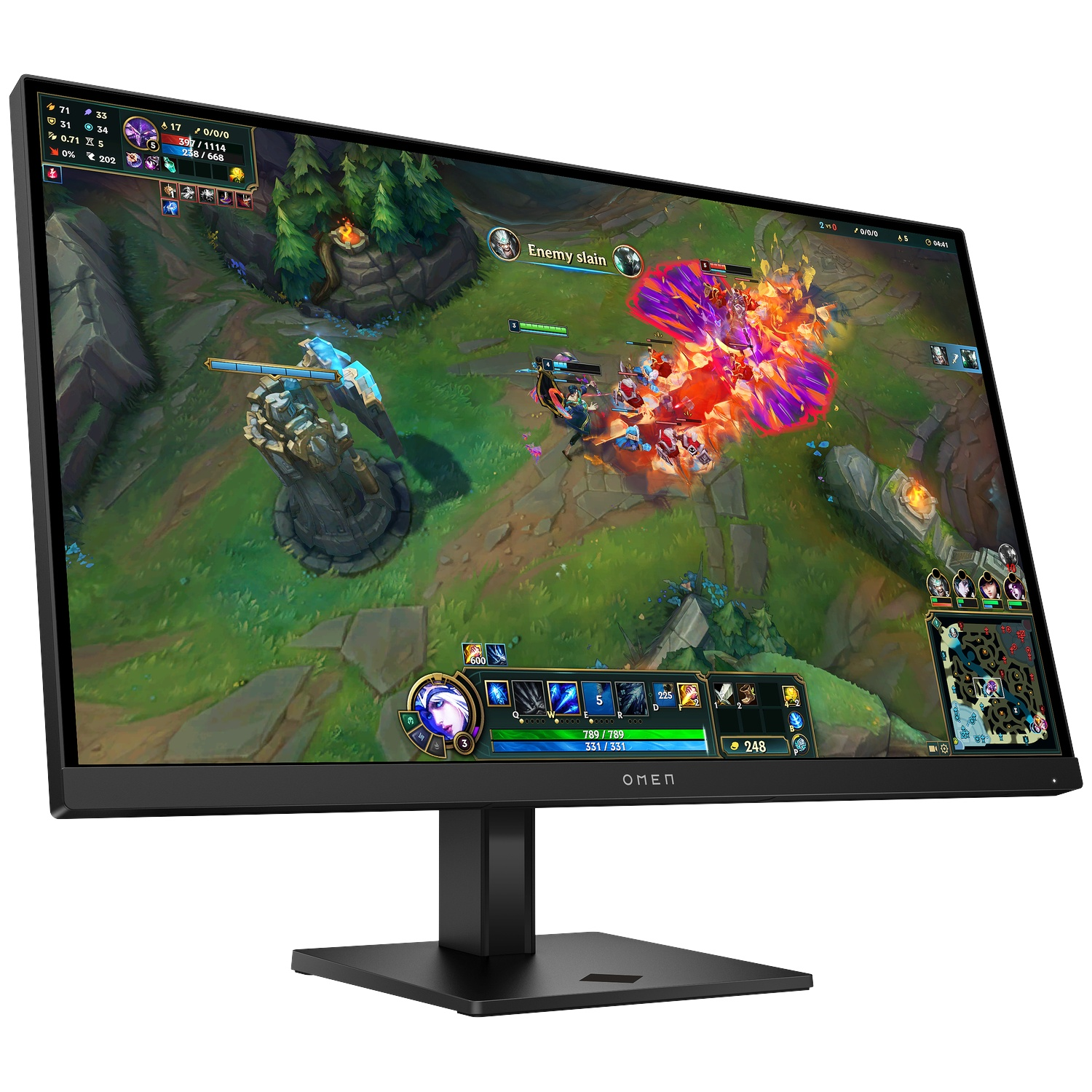 Un moniteur HP Omen noir affiche un jeu de stratégie coloré aux graphismes détaillés.