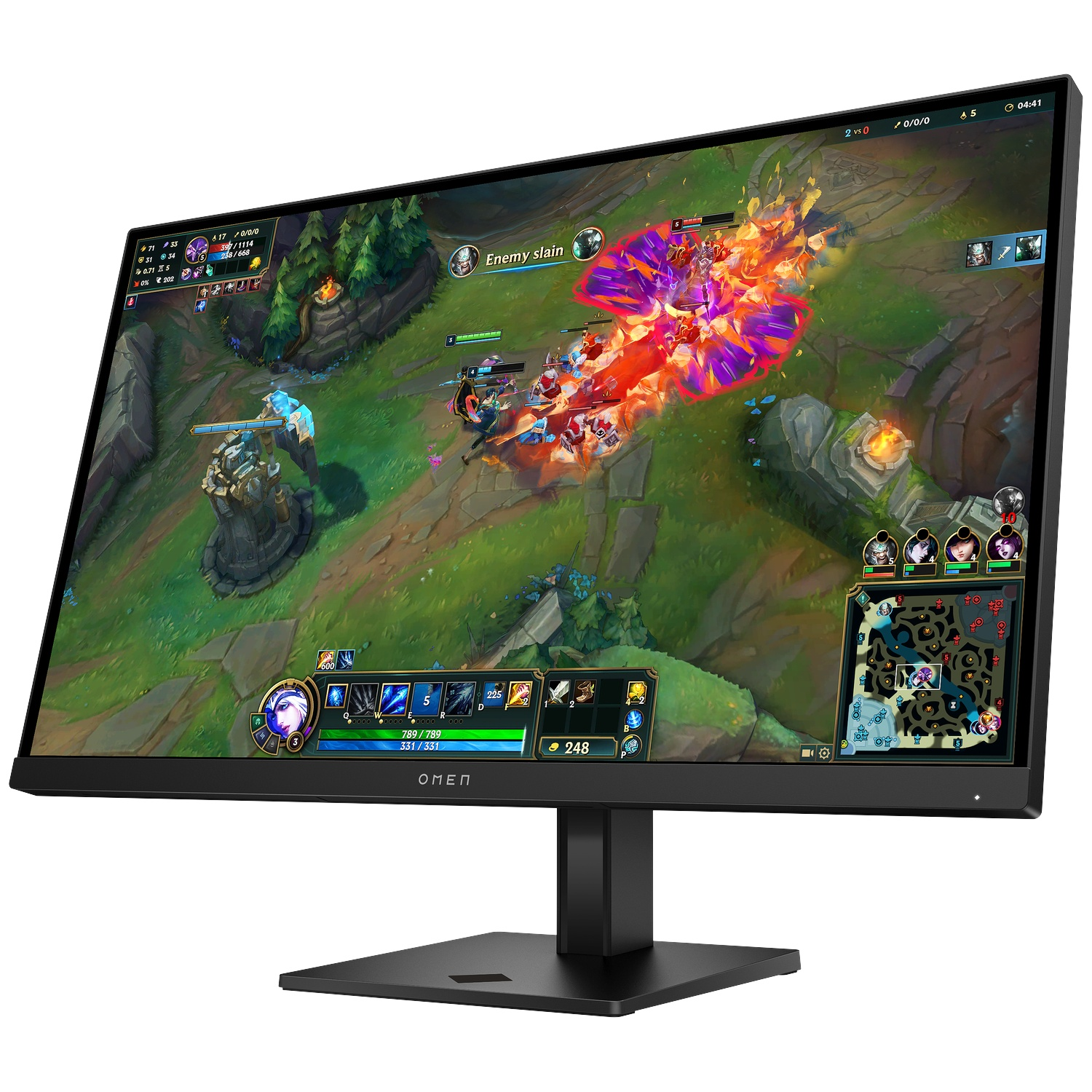 Un moniteur HP Omen noir affiche une bataille de jeux vidéo colorée remplie d'effets magiques vibrants.