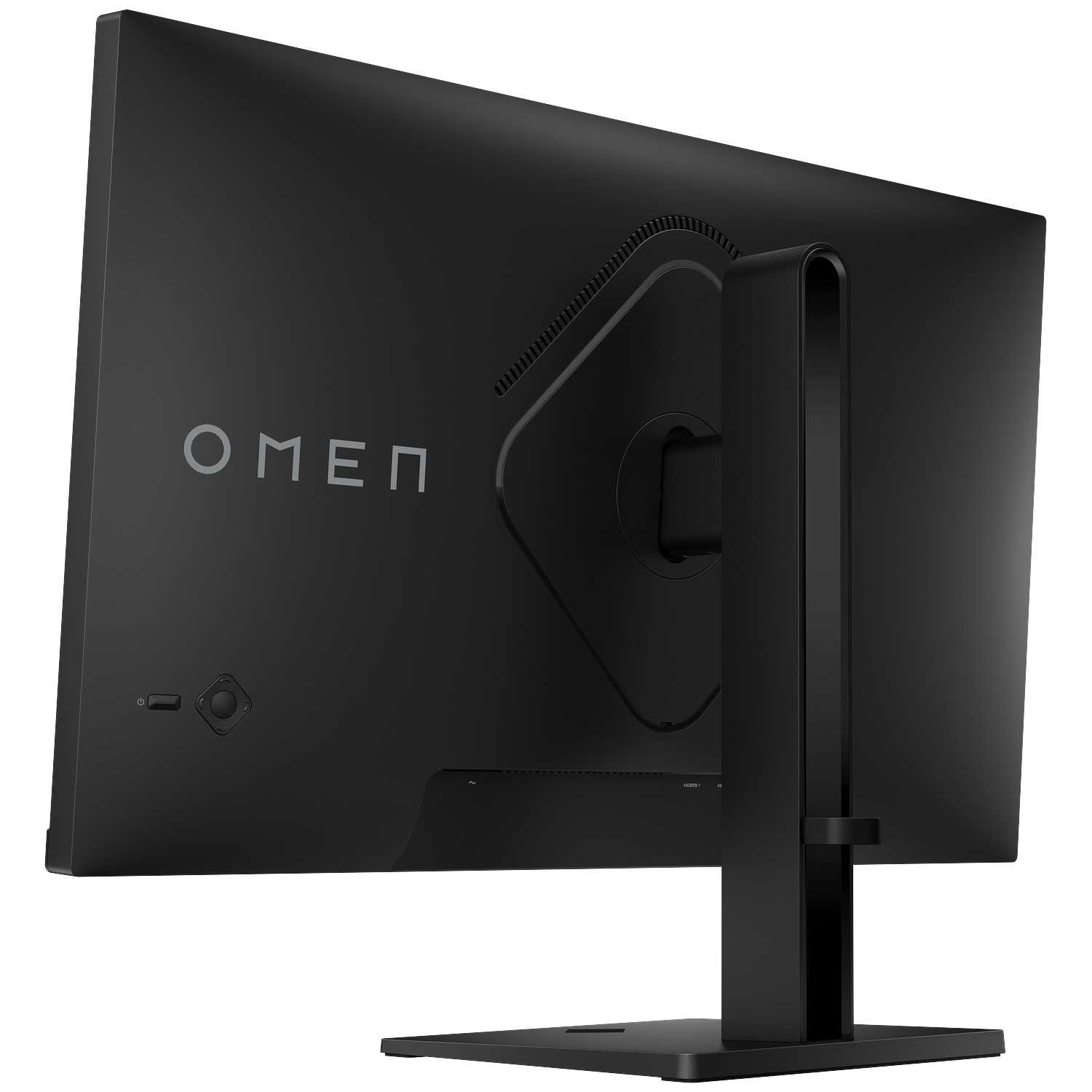 Vue arrière d'un moniteur d'ordinateur Omen noir sur un pied avec fond clair.