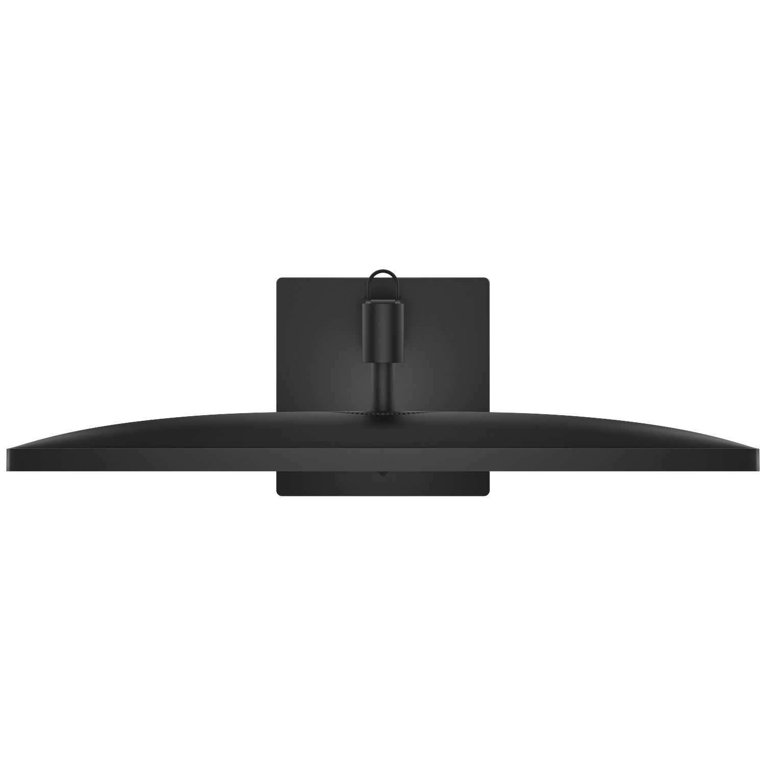 Vue de dessus d'un moniteur noir incurvé sur son pied sur fond blanc.