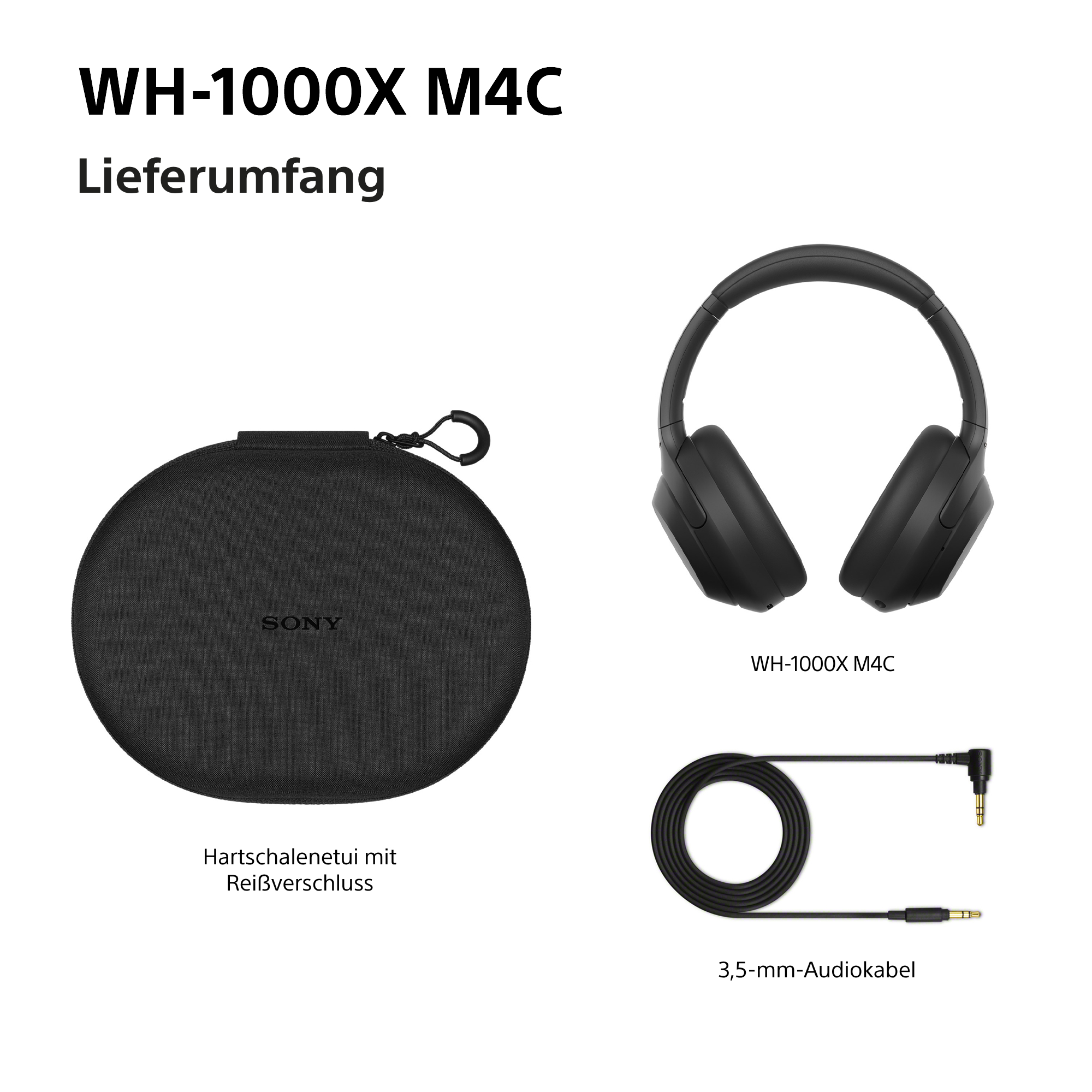 WH-1000X M4C Lieferumfang: Schwarzes Hardcase, schwarze Kopfhörer und ein 3,5-mm-Audiokabel.
