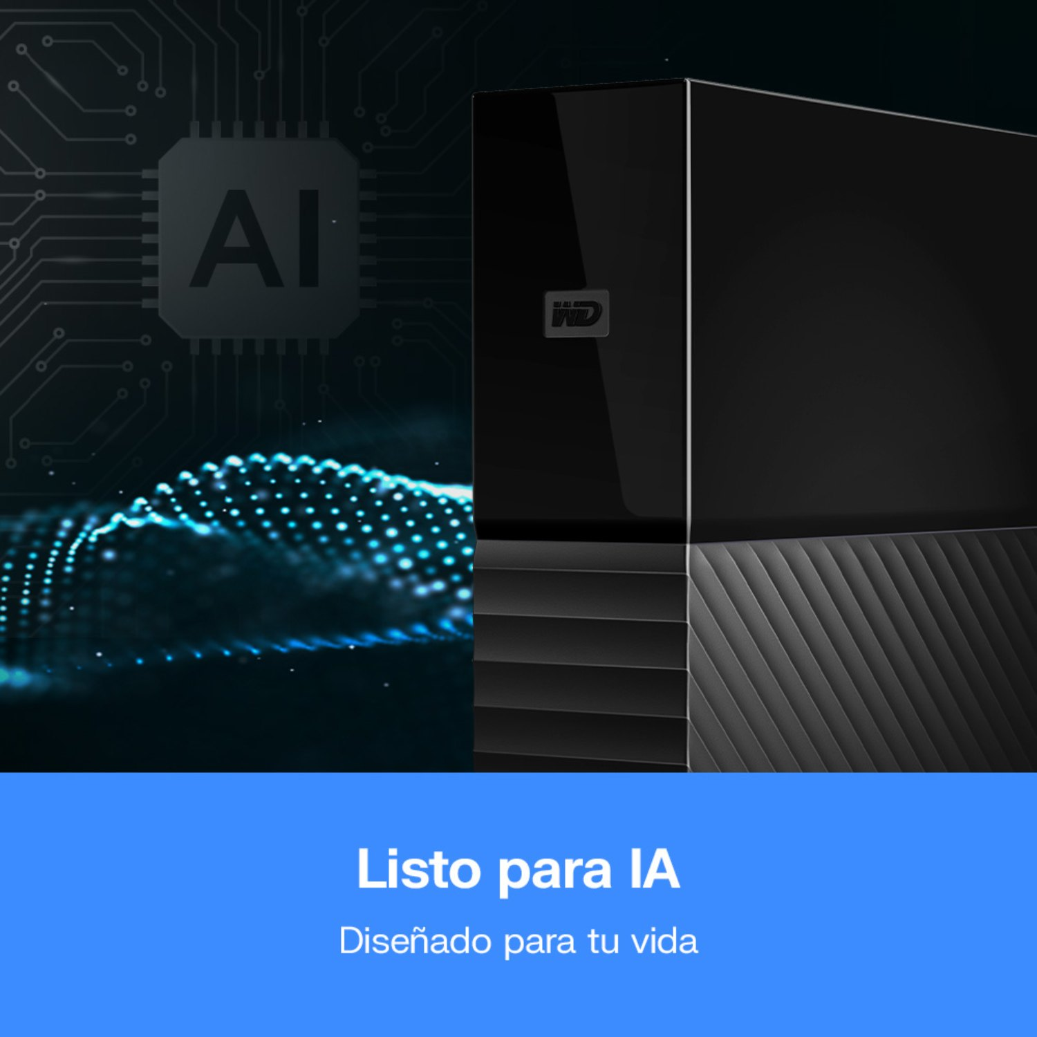 Un disco duro WD negro ante un fondo azul oscuro con un gráfico de IA y el texto 'Listo para IA'.
