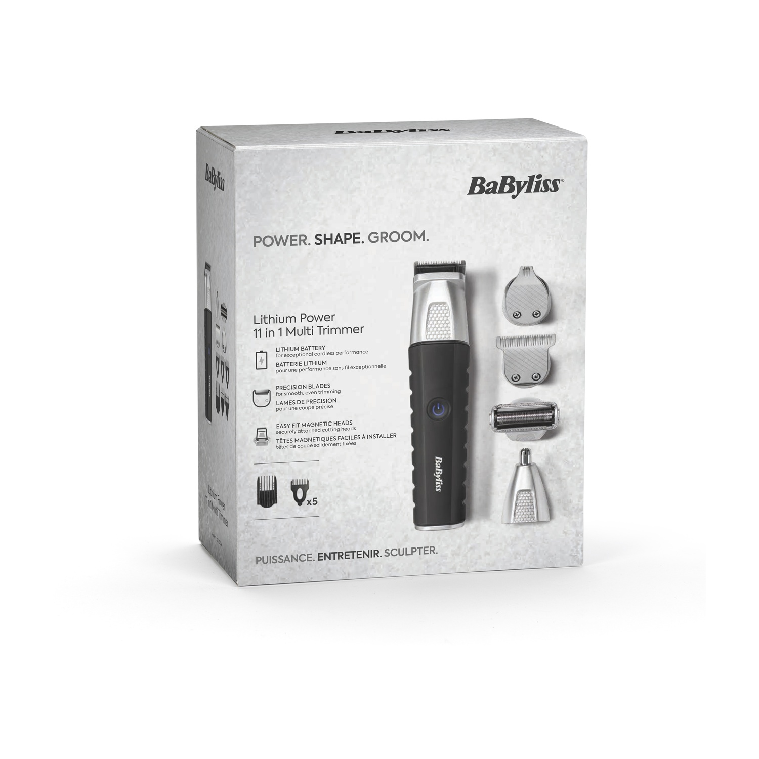 Scatola di imballaggio per rifinitore multiuso BaByliss 11 in 1 con accessori su sfondo bianco.