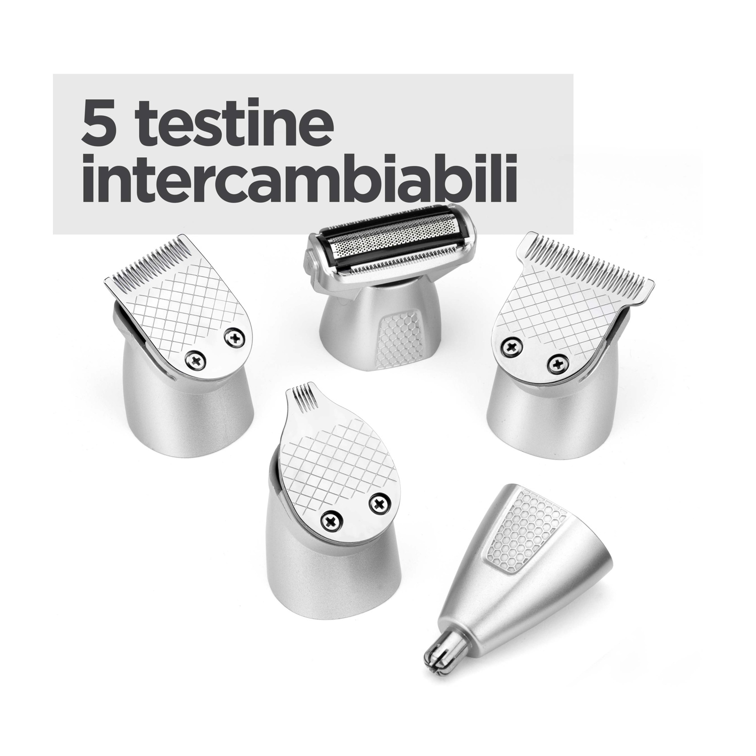 Cinque testine di rasatura intercambiabili argentate su sfondo bianco con testo in italiano.