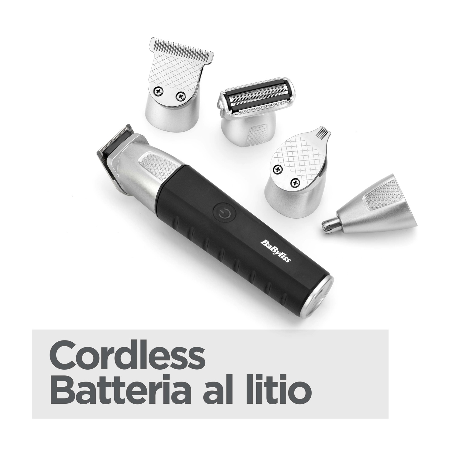 Tagliacapelli BaByliss nero e argento con quattro accessori intercambiabili su sfondo bianco.