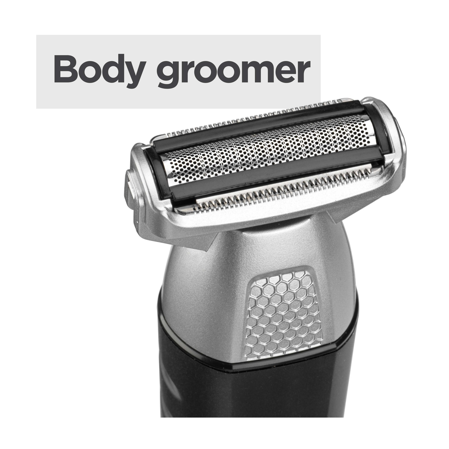 Body groomer argentato e nero con testina fine ed etichetta.