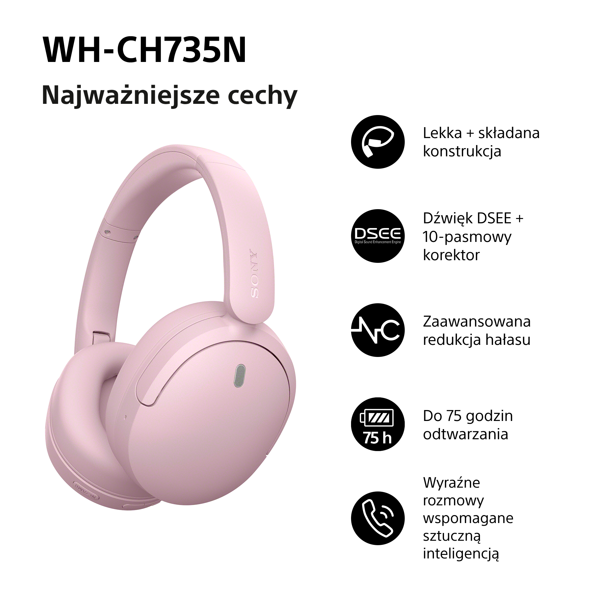 Różowe słuchawki Sony WH-CH735N z listą funkcji i ikonami na białym tle.