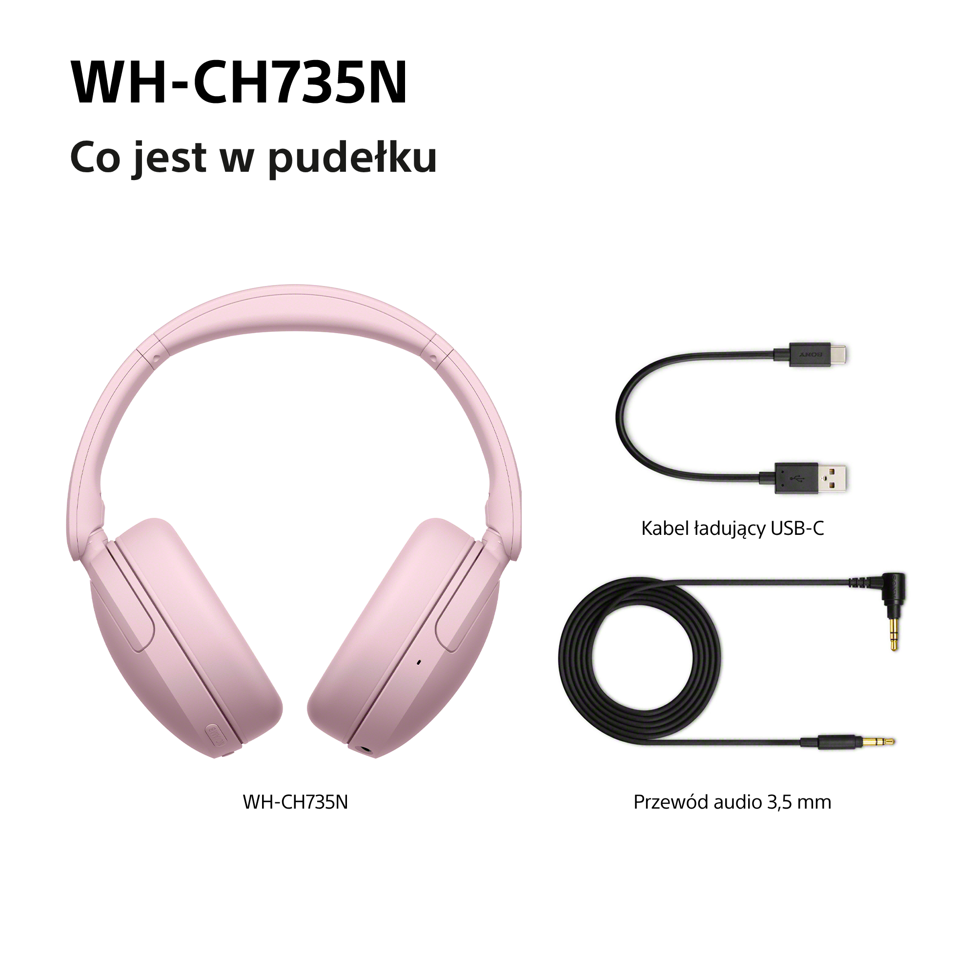 Różowe słuchawki WH-CH735N z kablem ładującym USB-C i kablem audio 3,5 mm.