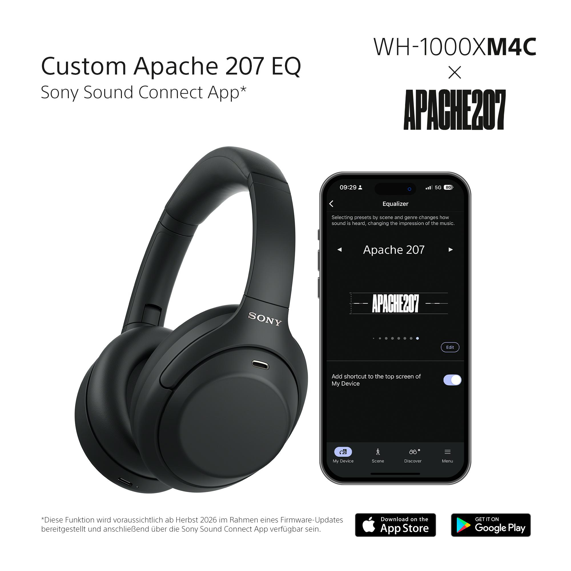 Schwarze Sony WH-1000XM4 Kopfhörer neben einem Smartphone mit Equalizer-App für Apache 207.
