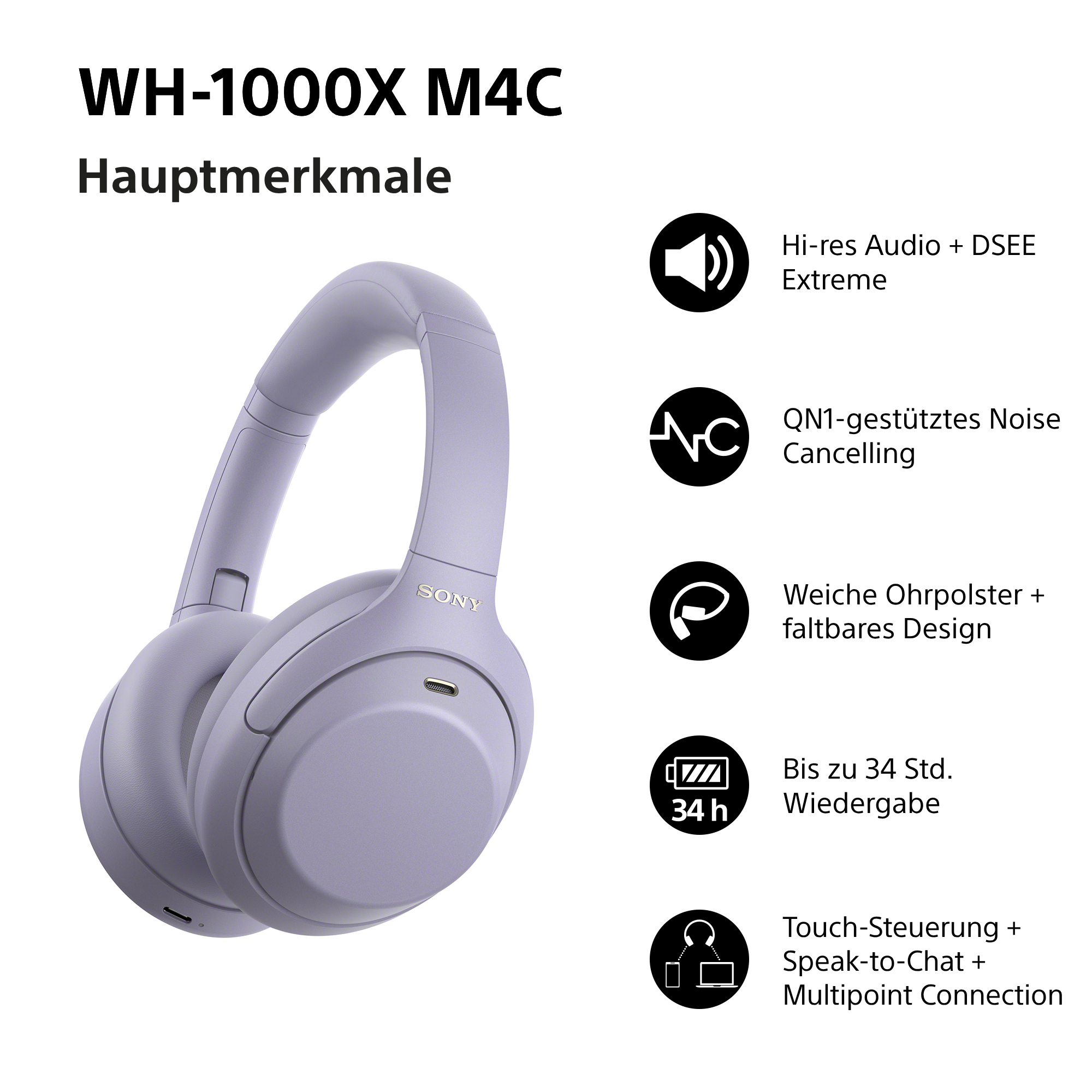Lila Sony WH-1000XM4 Kopfhörer mit Hauptmerkmalen in deutscher Sprache auf weißem Hintergrund.