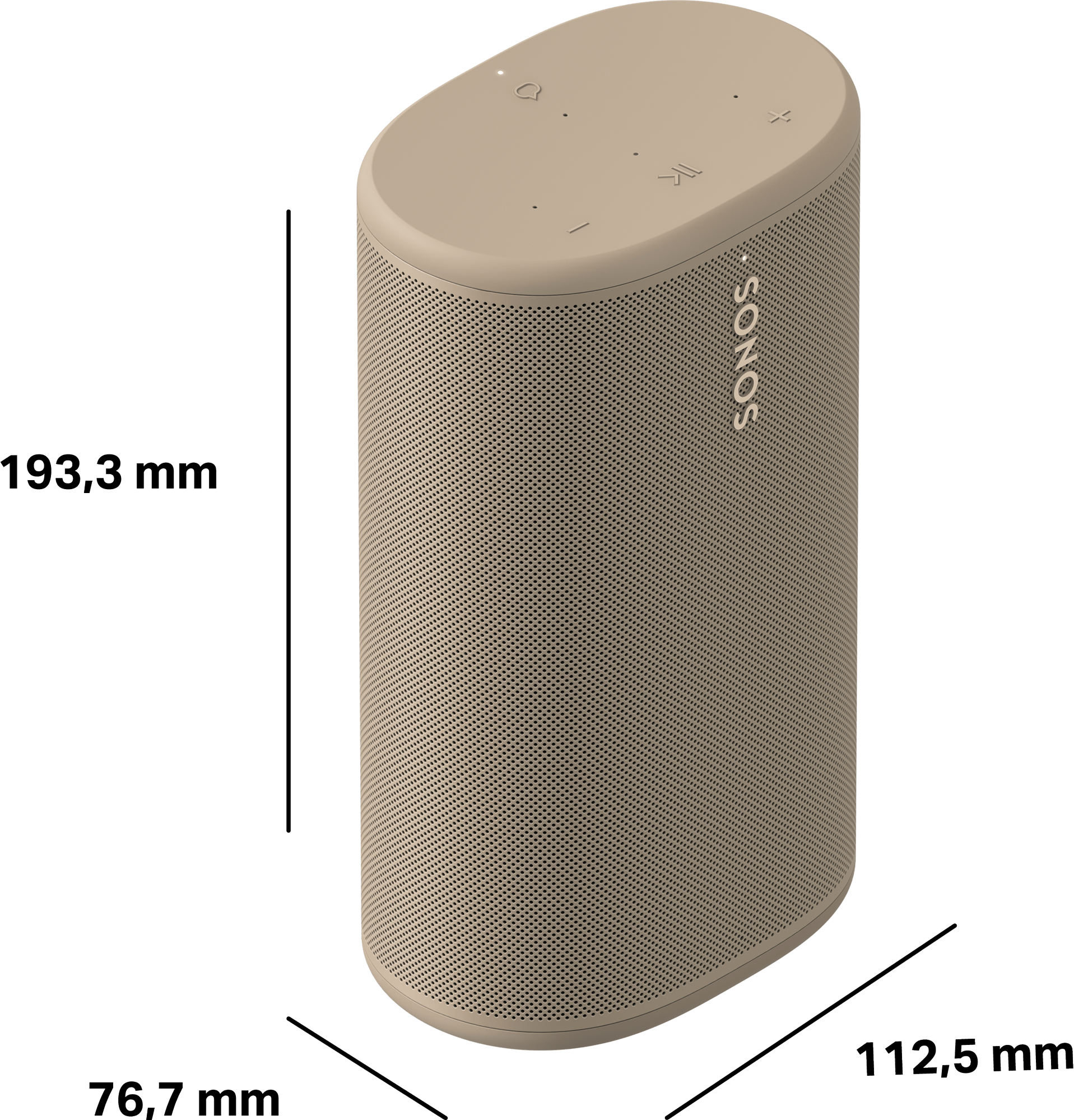 Haut-parleur Sonos beige avec lignes de cote sur fond noir.