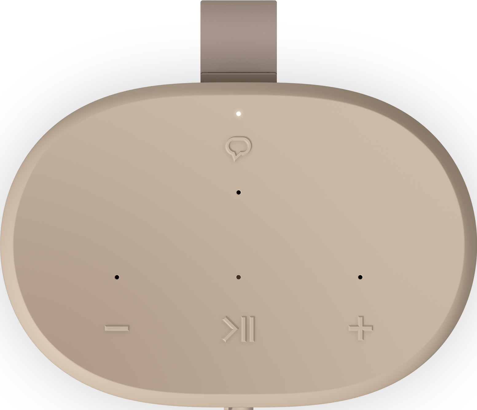 Enceinte intelligente ovale beige avec boutons supérieurs, une sangle supérieure et une petite lumière blanche sur fond noir.