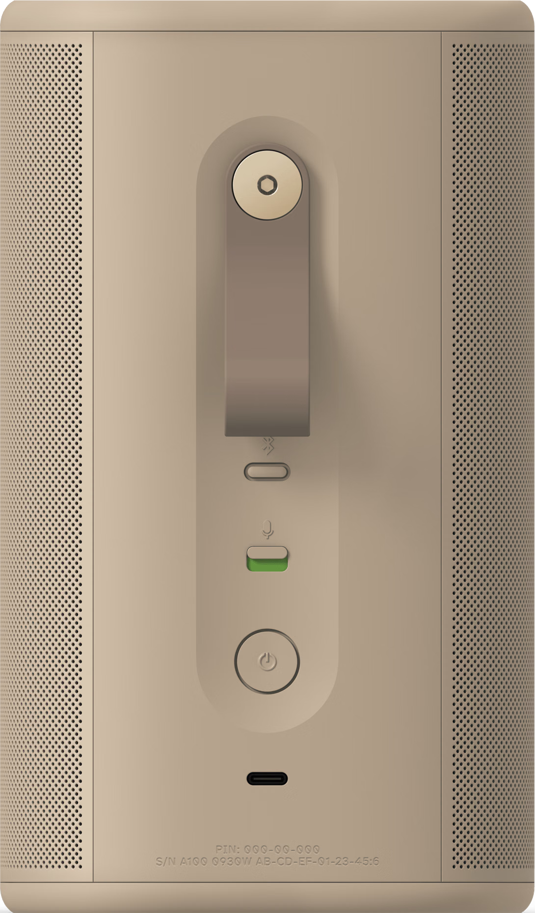 Vue arrière d'une enceinte beige avec panneau de commande vertical, boutons et sangle.