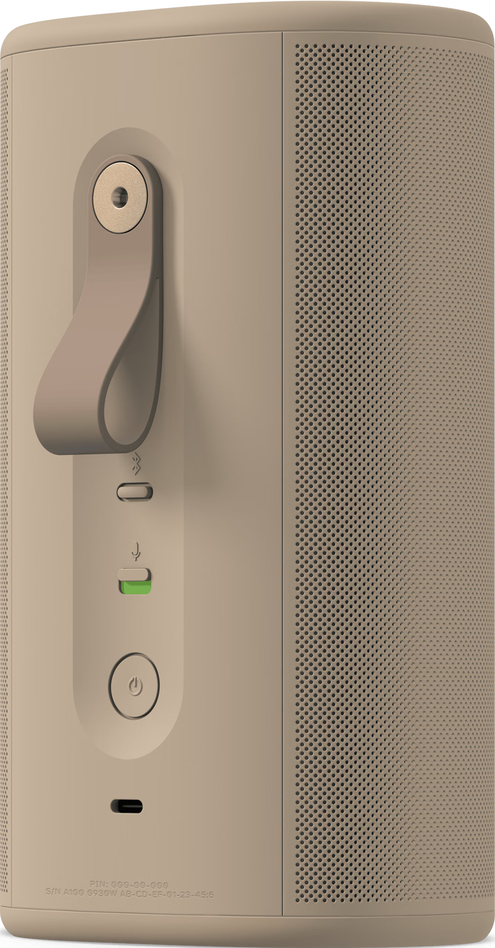 Vue arrière d'une enceinte sans fil beige montrant une sangle de suspension, des boutons de port et d'alimentation.