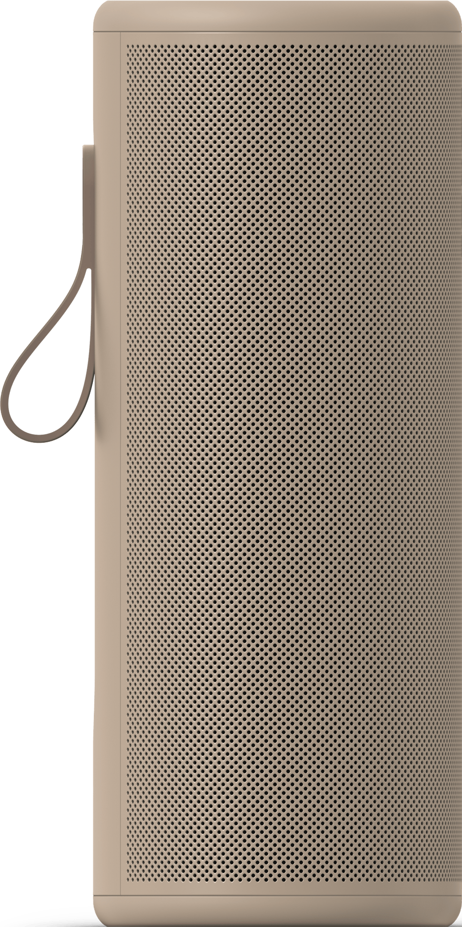 Une enceinte cylindrique beige dotée d'une grille fine et d'une boucle de suspension pratique sur le côté.