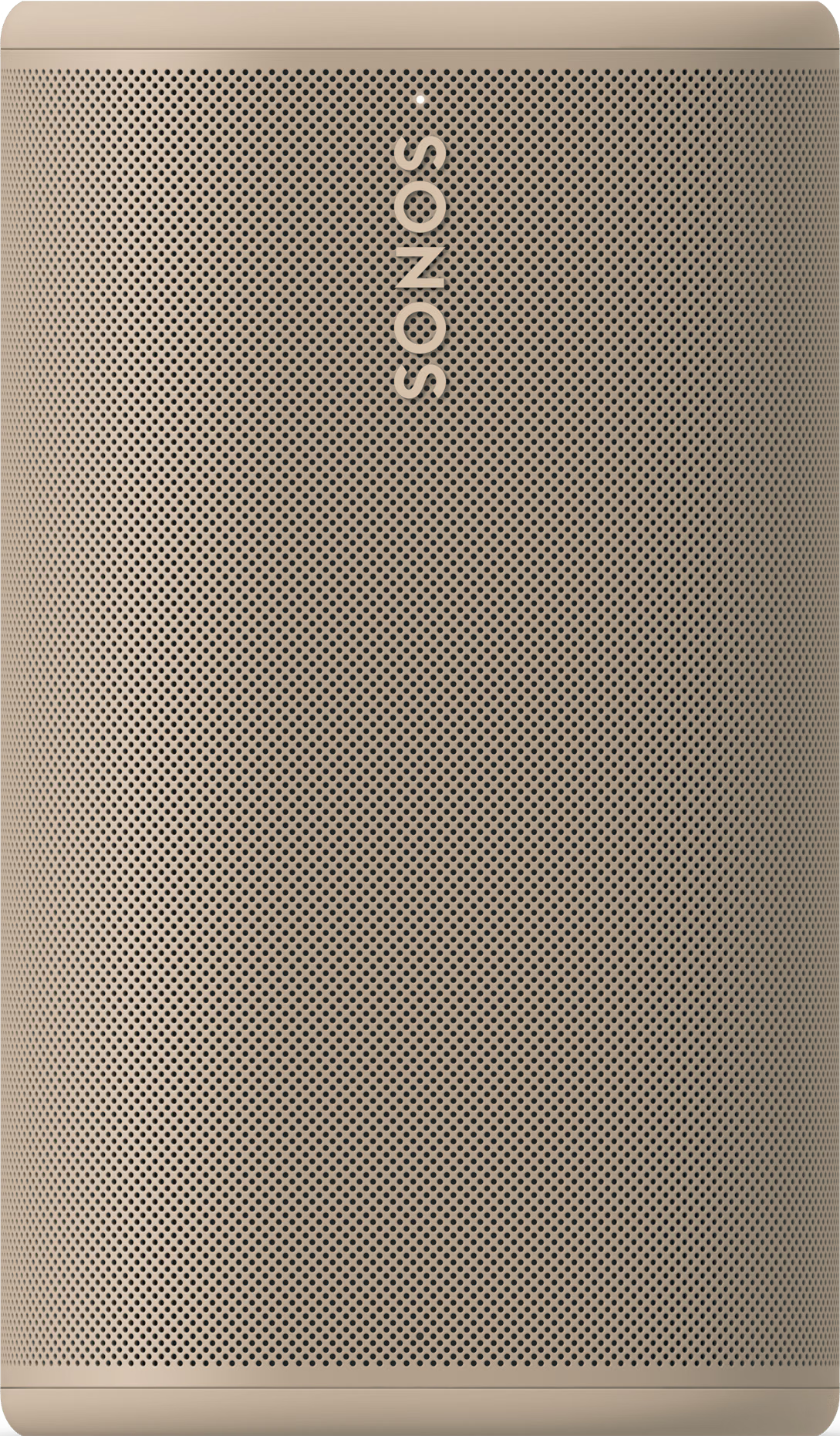 Enceinte connectée Sonos beige avec grille à mailles fines et logo Sonos centré.