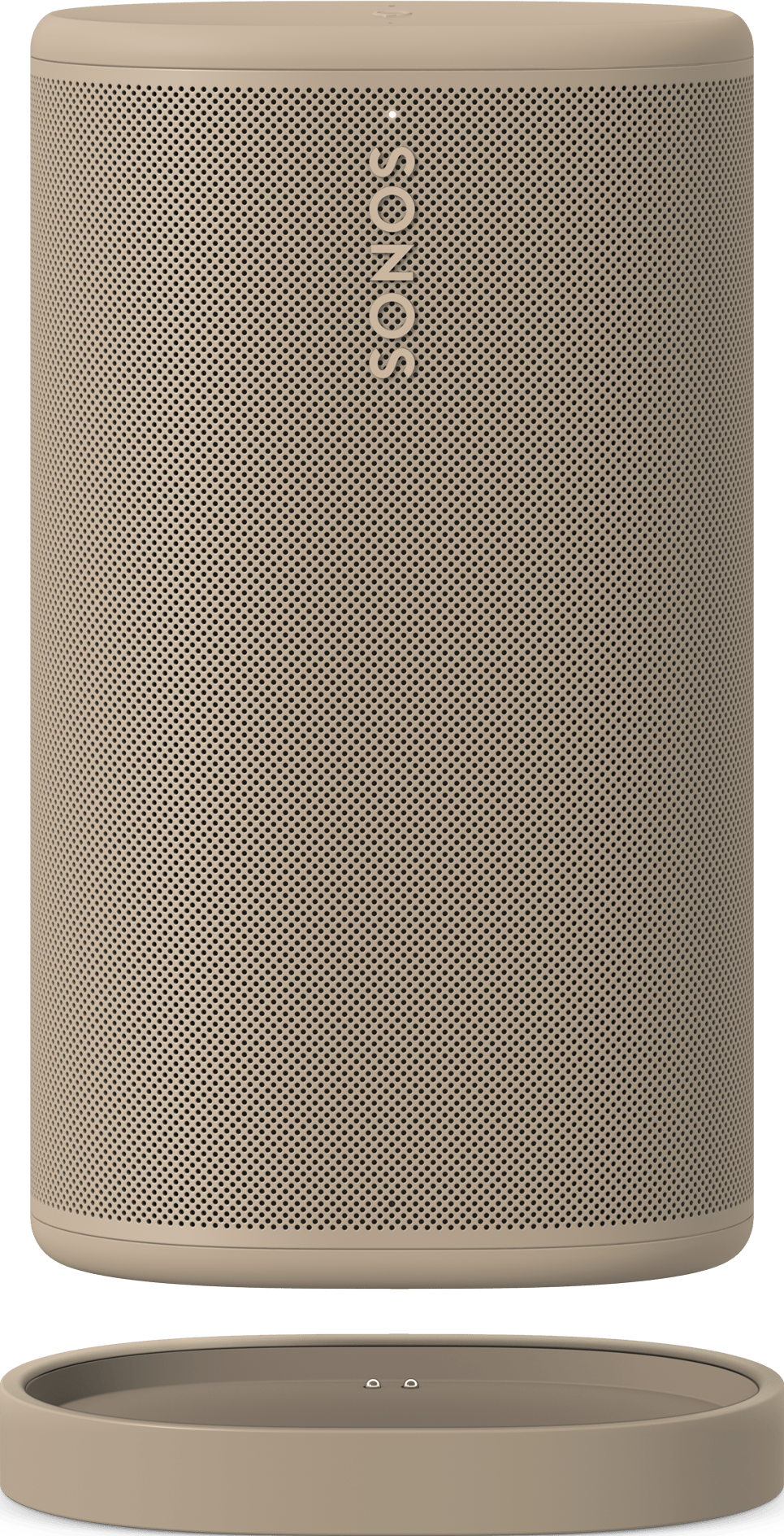 Une enceinte Sonos beige se trouve au-dessus d'une station de charge ronde assortie sur fond noir.