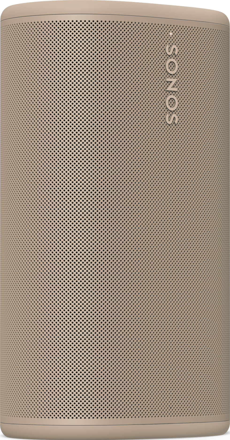 Haut-parleur Sonos cylindrique beige avec grille en métal fin et logo Sonos vertical en haut à droite.