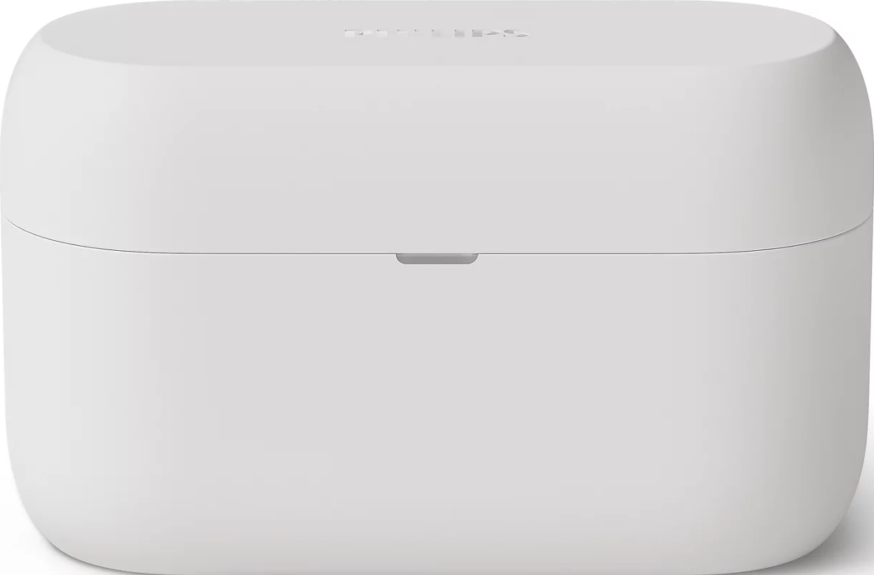 Un étui de charge blanc pour écouteurs Philips avec couvercle fermé et petit voyant lumineux.