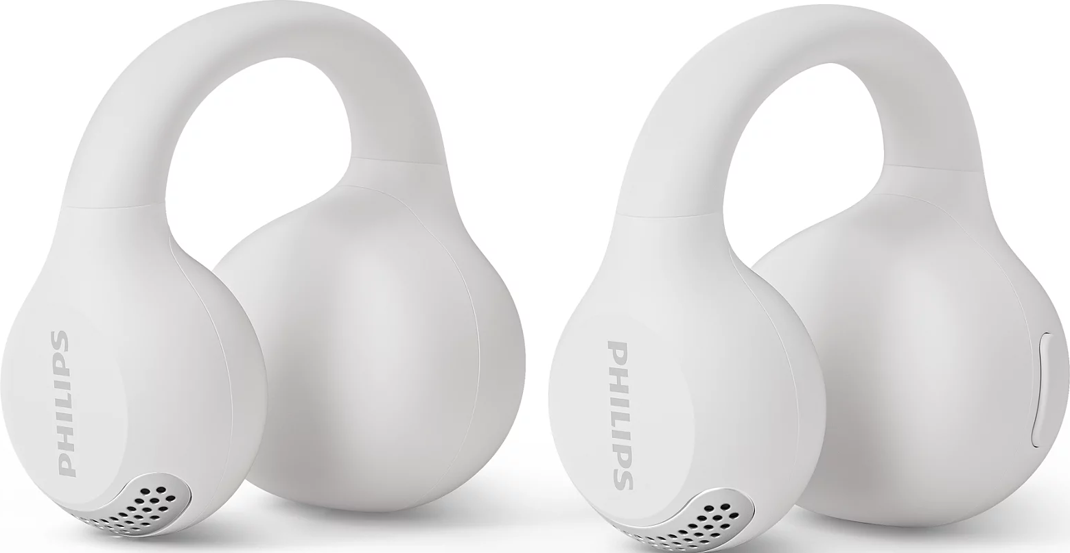 Deux écouteurs ouverts blancs Philips au design arrondi et détails de grille argentée sur fond blanc.