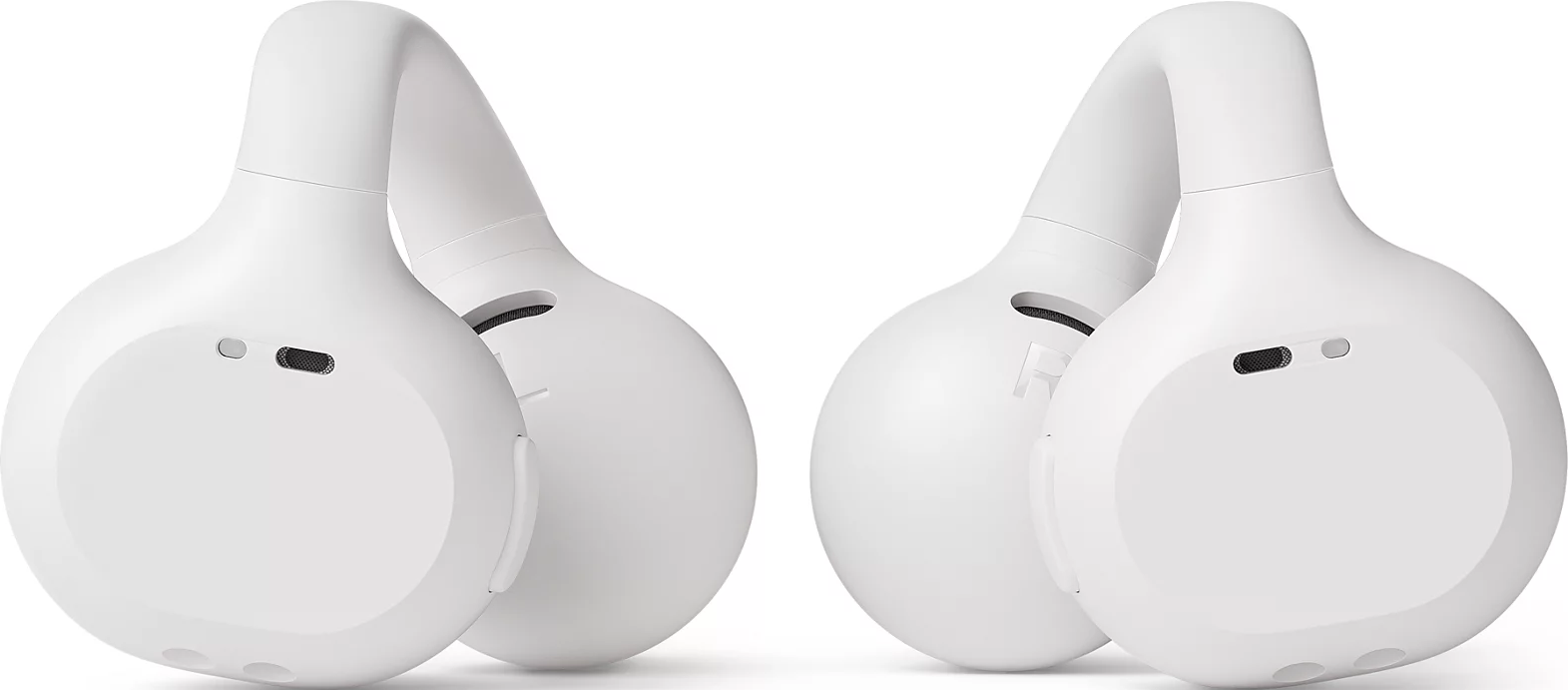 Deux écouteurs ouverts blancs au design arrondi sur fond clair.
