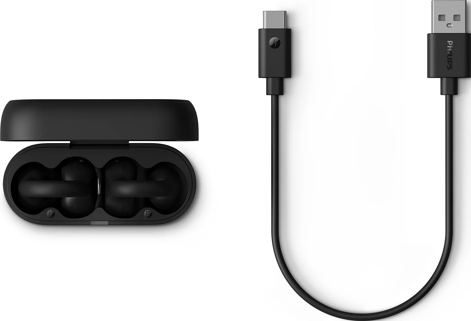 Écouteurs Philips noirs dans le boîtier avec câble USB.
