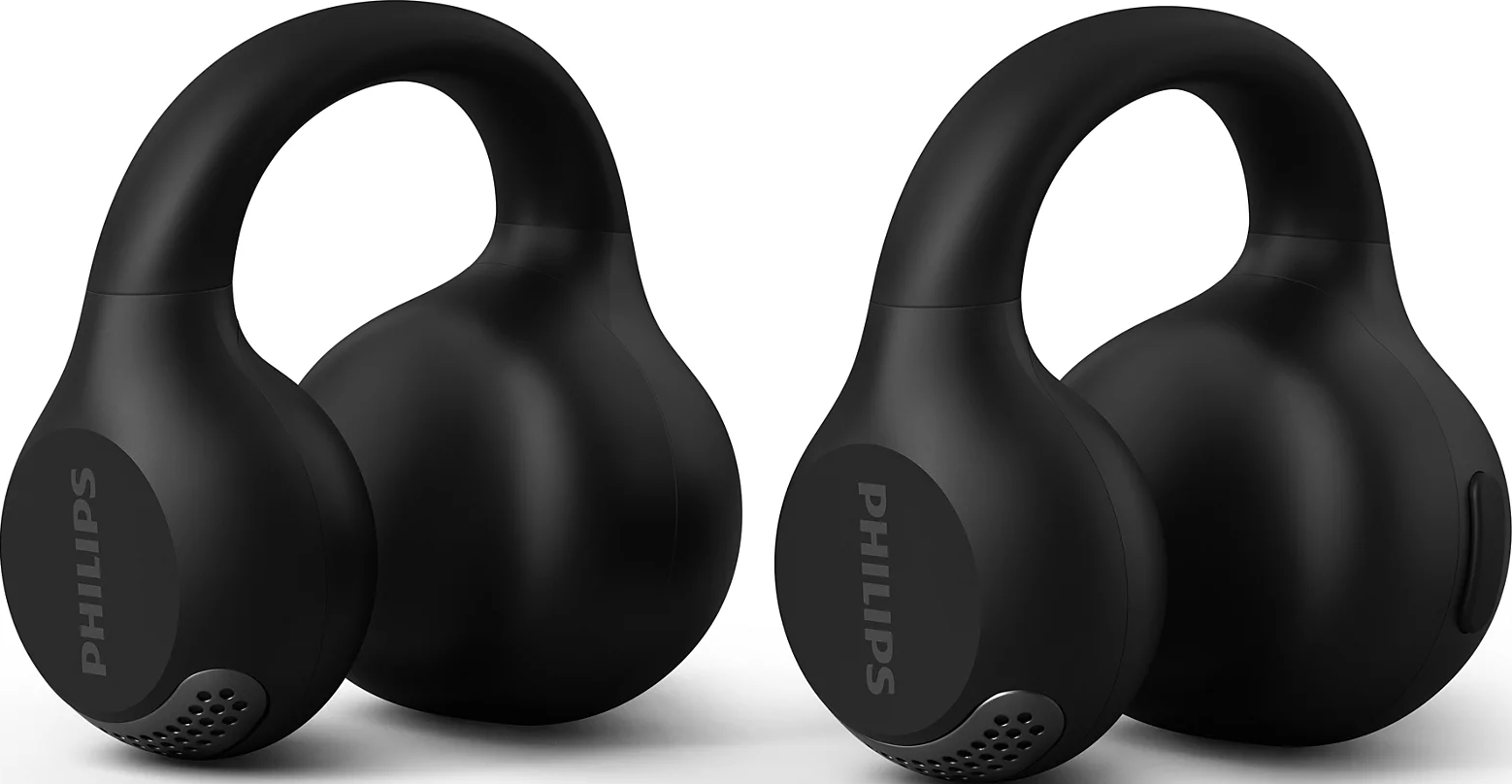 Deux écouteurs sans fil Philips noirs au design ouvert présentés côte à côte.