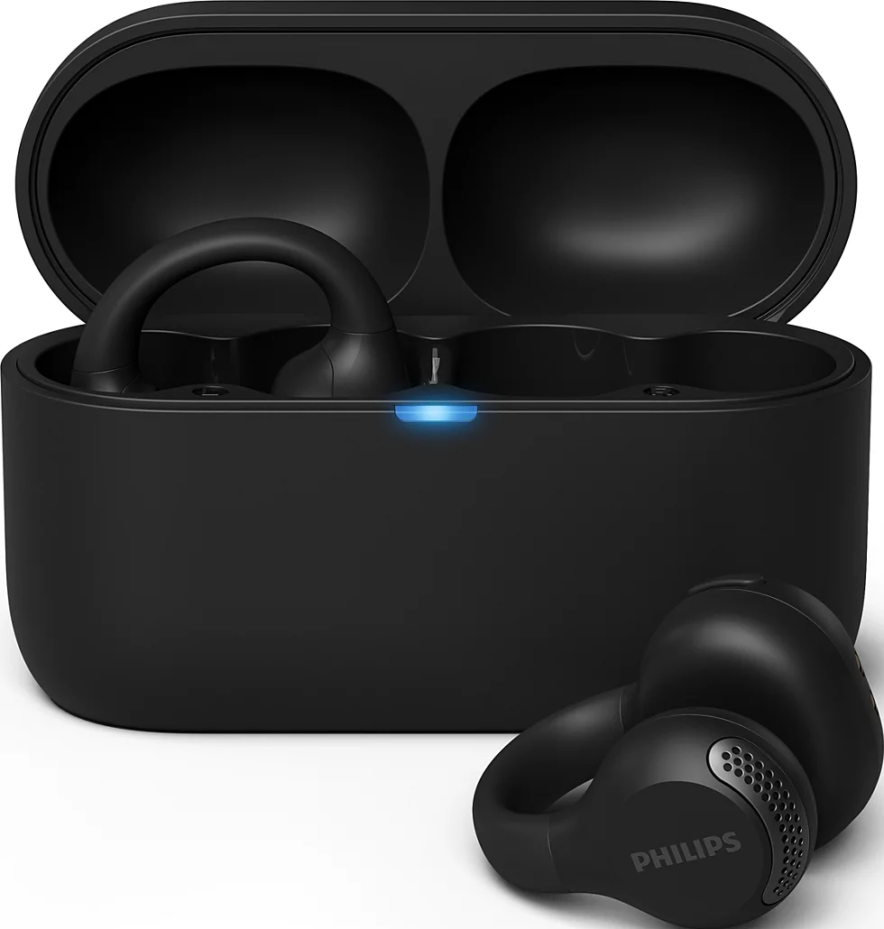 Écouteurs sans fil Philips noirs avec boîtier de charge et LED bleue.