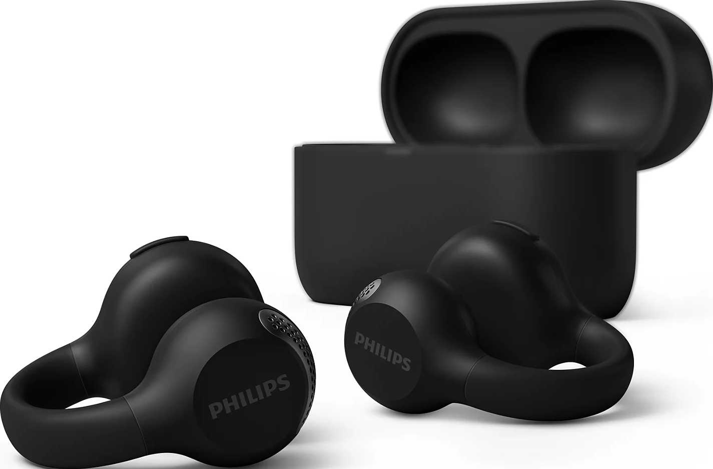 Écouteurs sans fil noirs Philips à anneau ouvert avec étui de charge assorti sur fond blanc.