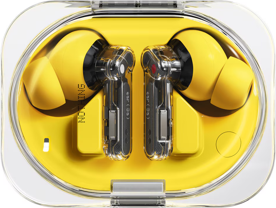 Gelbe kabellose In-Ear-Kopfhörer mit transparentem Design in einer passenden Ladebox.