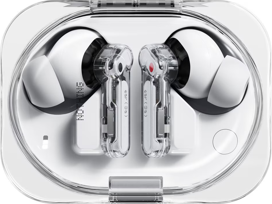 Kabellose weiße und transparente In-Ear-Kopfhörer in einer passenden transparenten Ladebox.