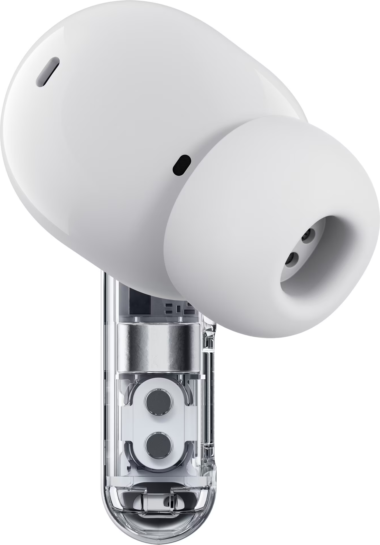 Ein weißer In-Ear-Kopfhörer mit einem klaren, transparenten Stiel, der interne Komponenten zeigt.