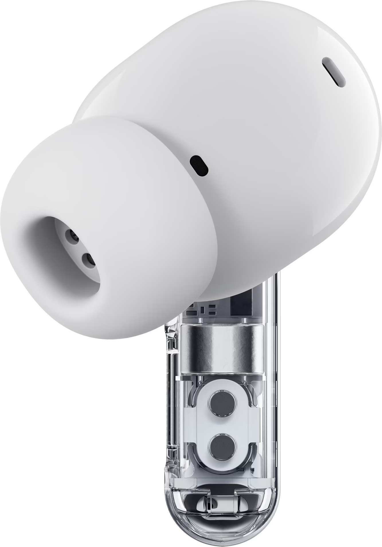 Ein weißer In-Ear-Kopfhörer mit einem transparenten Stiel, der interne Bauteile zeigt.