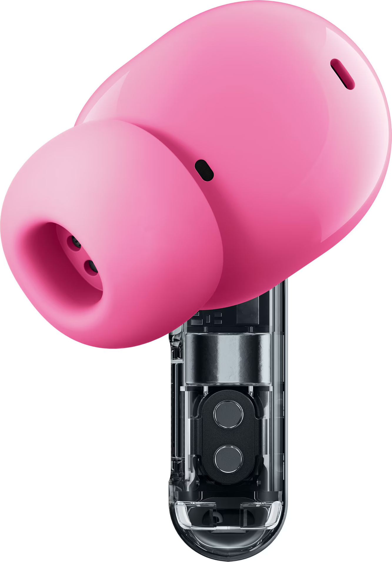 Ein glänzender, pinker Ohrhörer mit einer weichen Spitze und einem transparenten Stiel, der Innenteile zeigt.