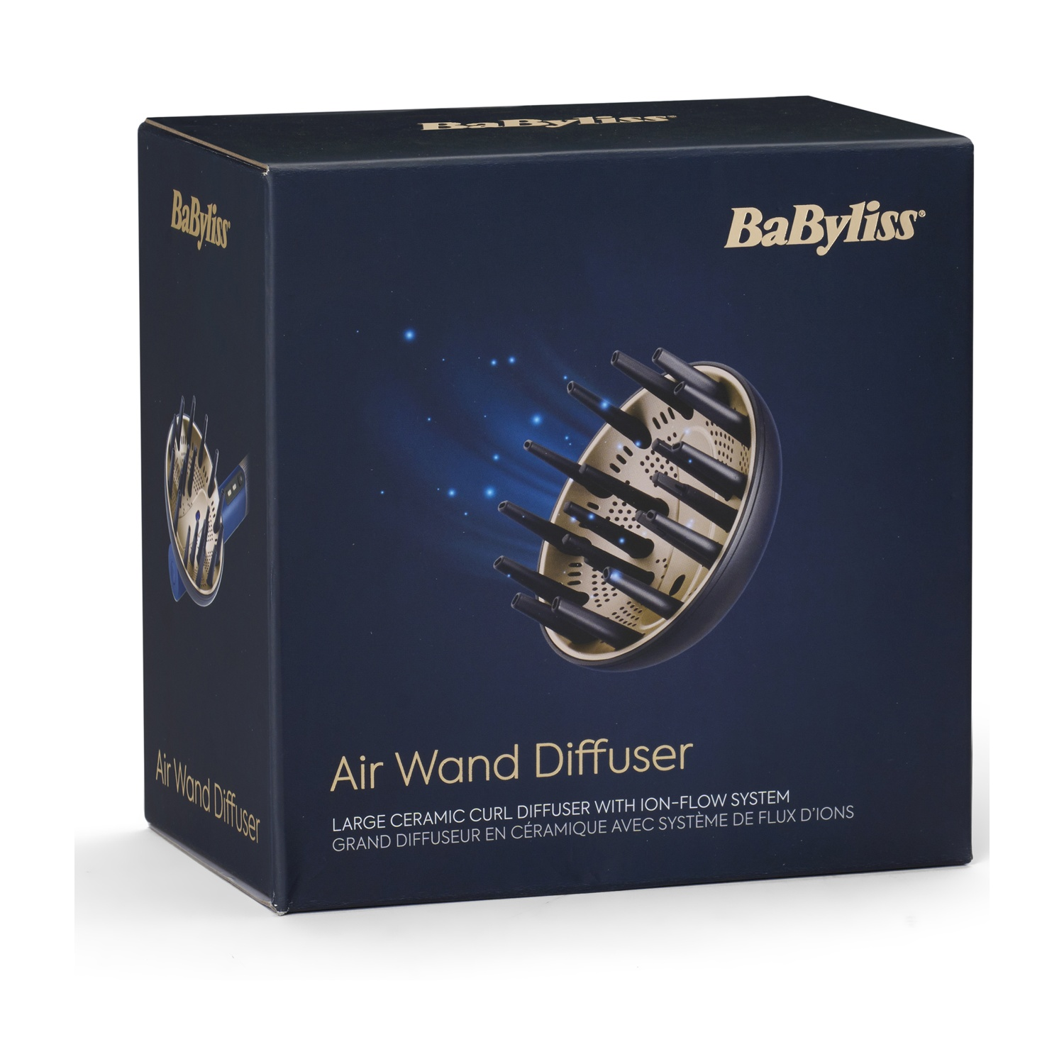 Scatola prodotto blu scuro BaByliss Air Wand Diffusor con scritta oro e immagine dell'accessorio diffusore per ricci.