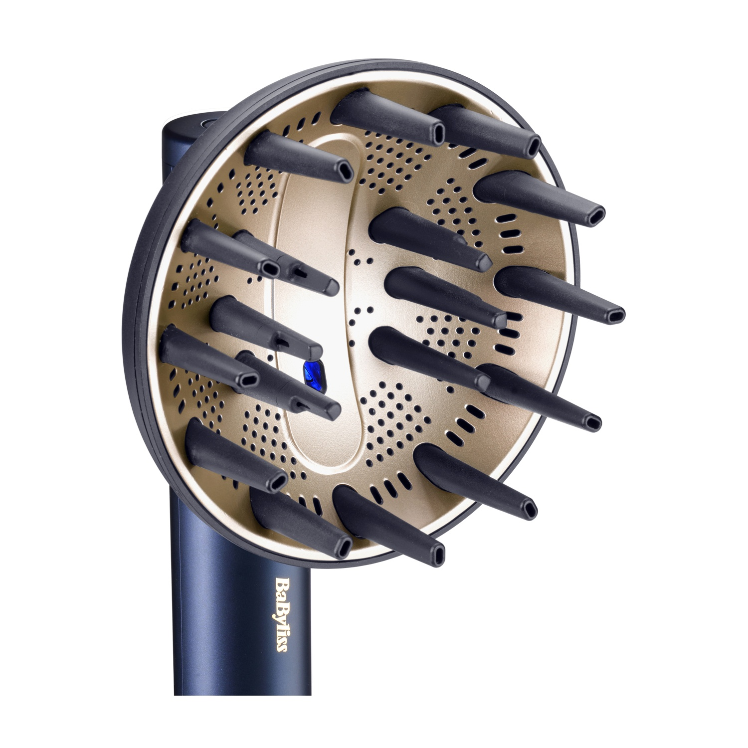 Primo piano di un diffusore per asciugacapelli BaByliss con punte nere e interno dorato su un manico blu scuro.