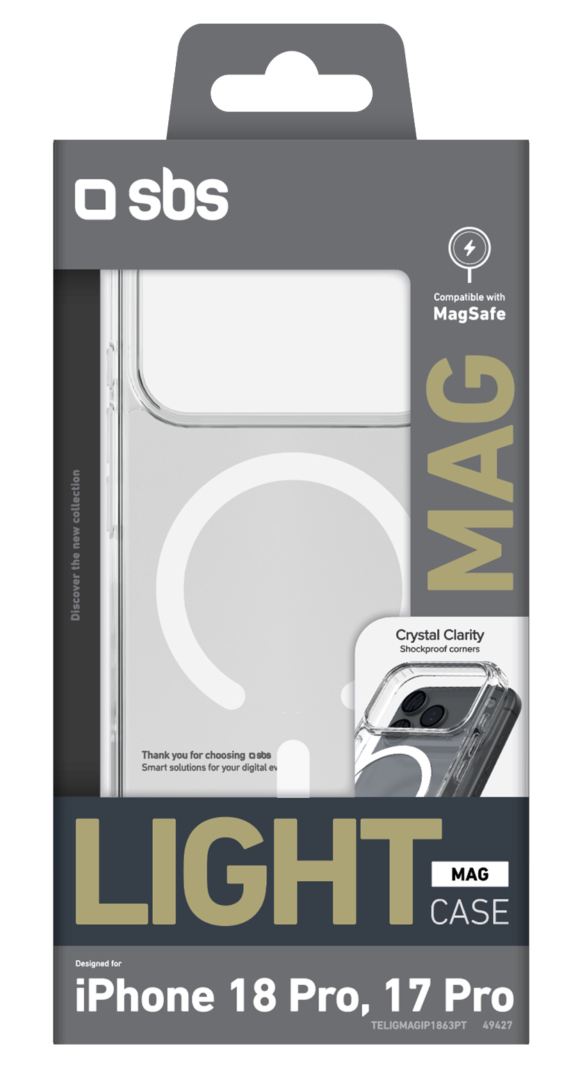 Opakowanie etui SBS Light Mag Case do iPhone 18 Pro i 17 Pro, przezroczyste z funkcją kompatybilną z MagSafe.