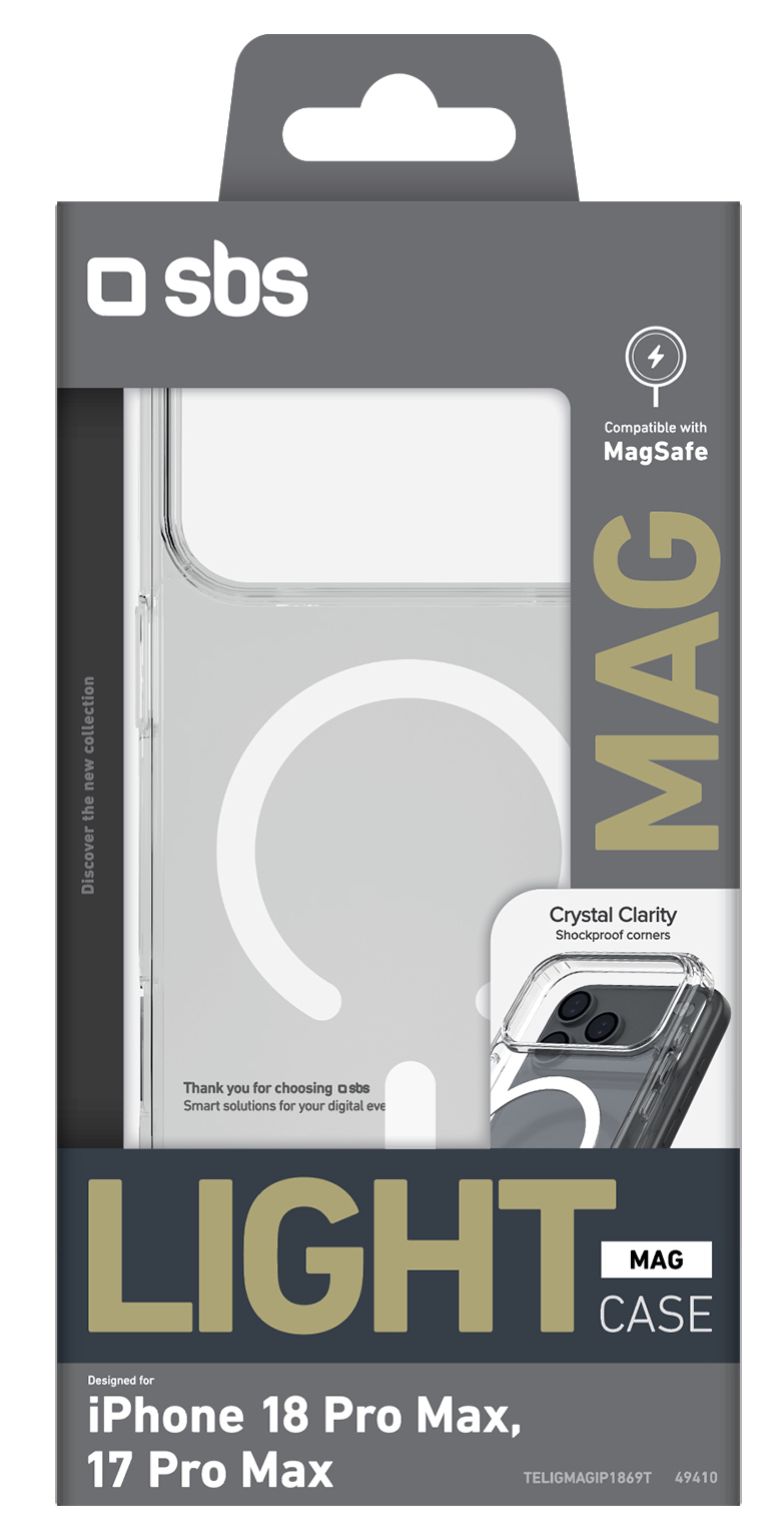 Opakowanie na przezroczyste etui MagSafe do iPhone'a, z logo marki, nazwą produktu i funkcjami.