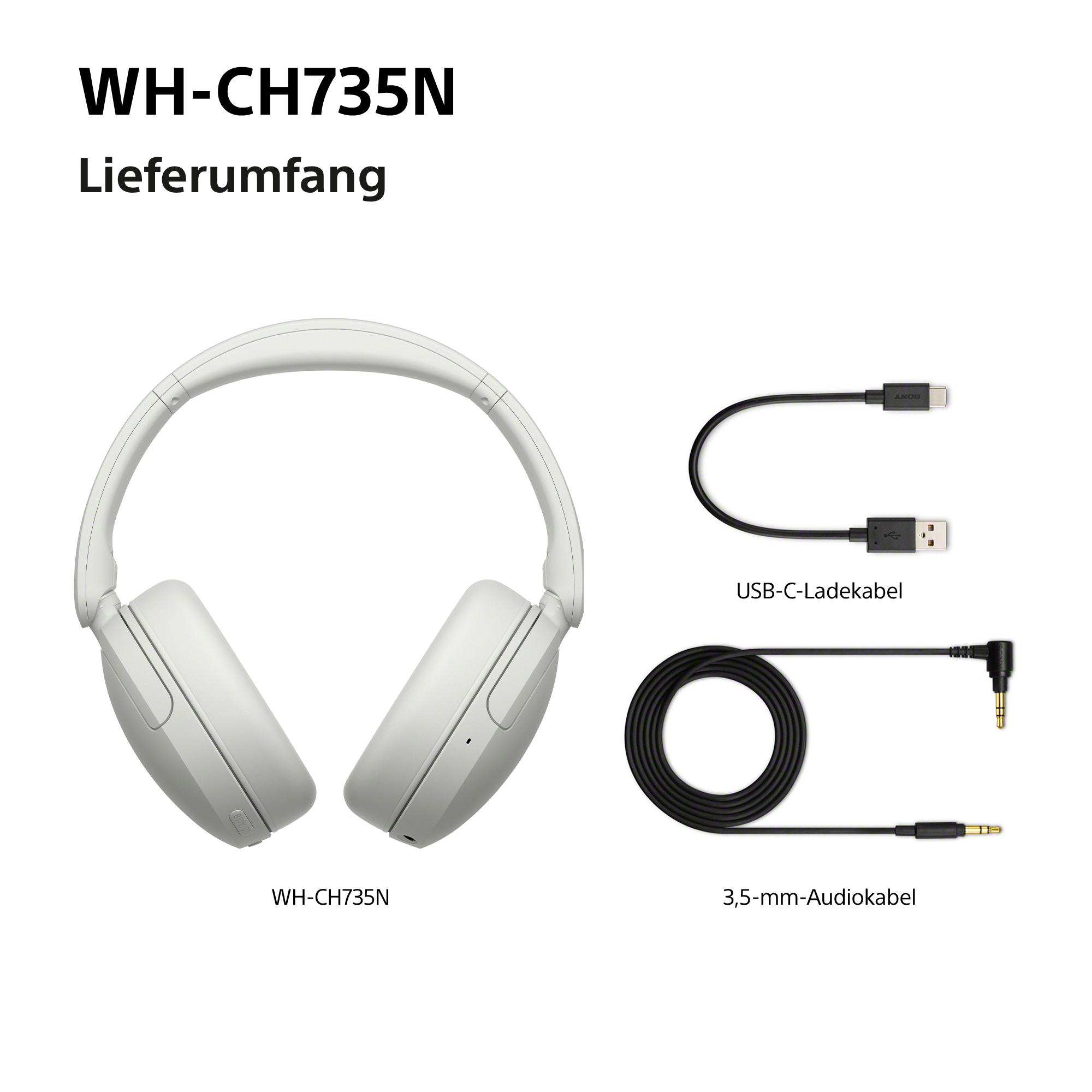 WH-CH735N Kopfhörer mit USB-C-Ladekabel und 3,5-mm-Audiokabel.